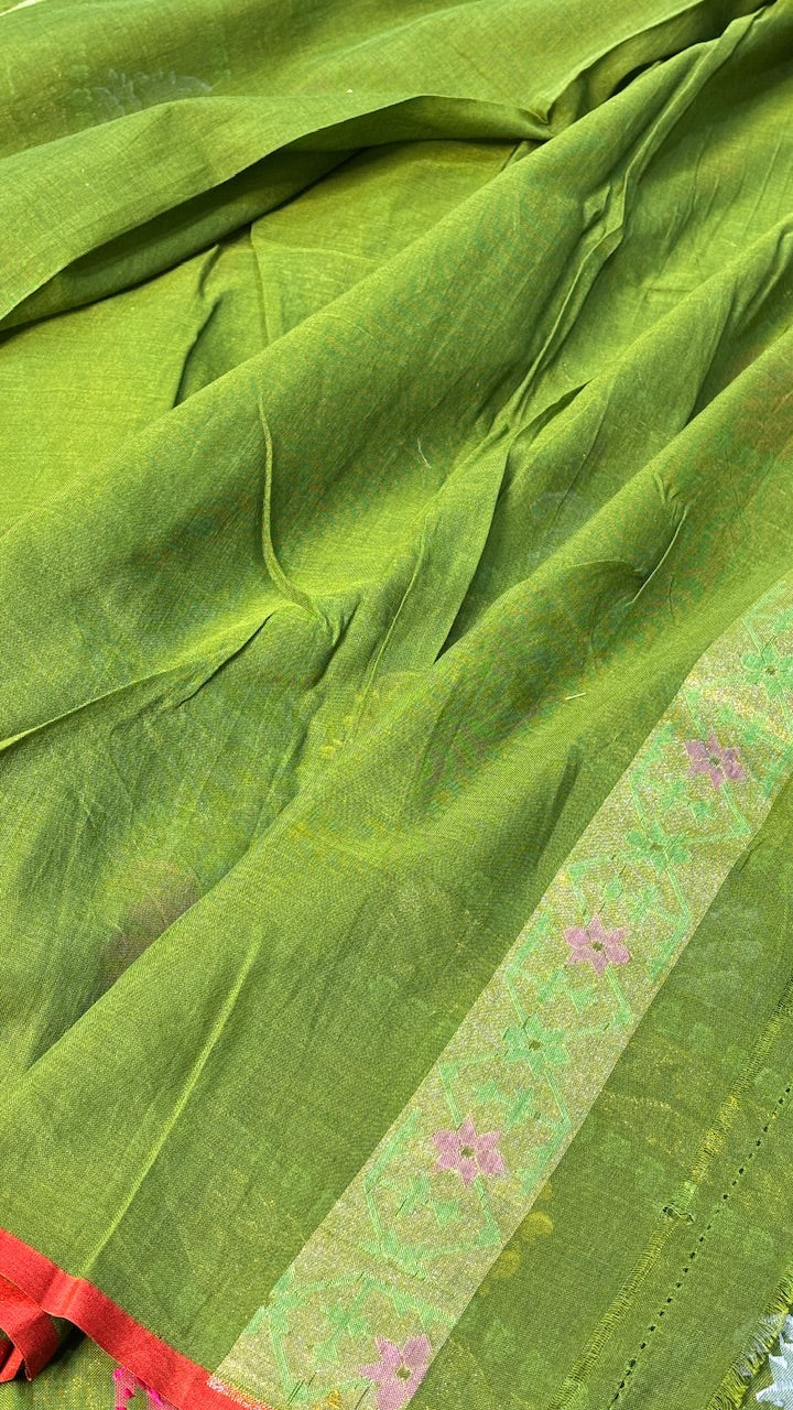 Green Pure Banarasi cotton Jamdani handloom Saree