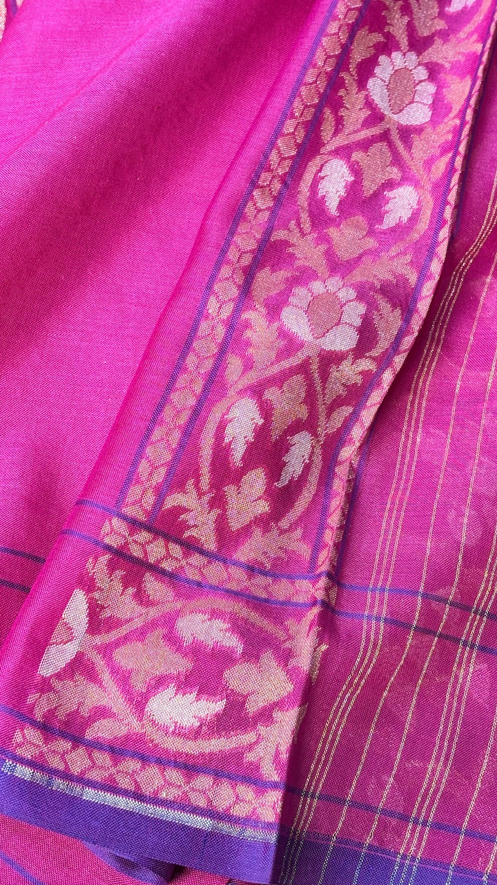 Rani Pink Silk Jamdani Saree with Zari Weaves