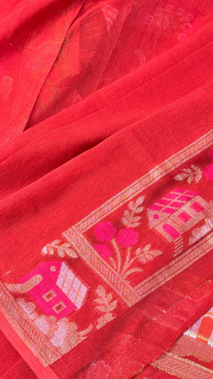 Red Banarasi cotton Jamdani handloom Saree