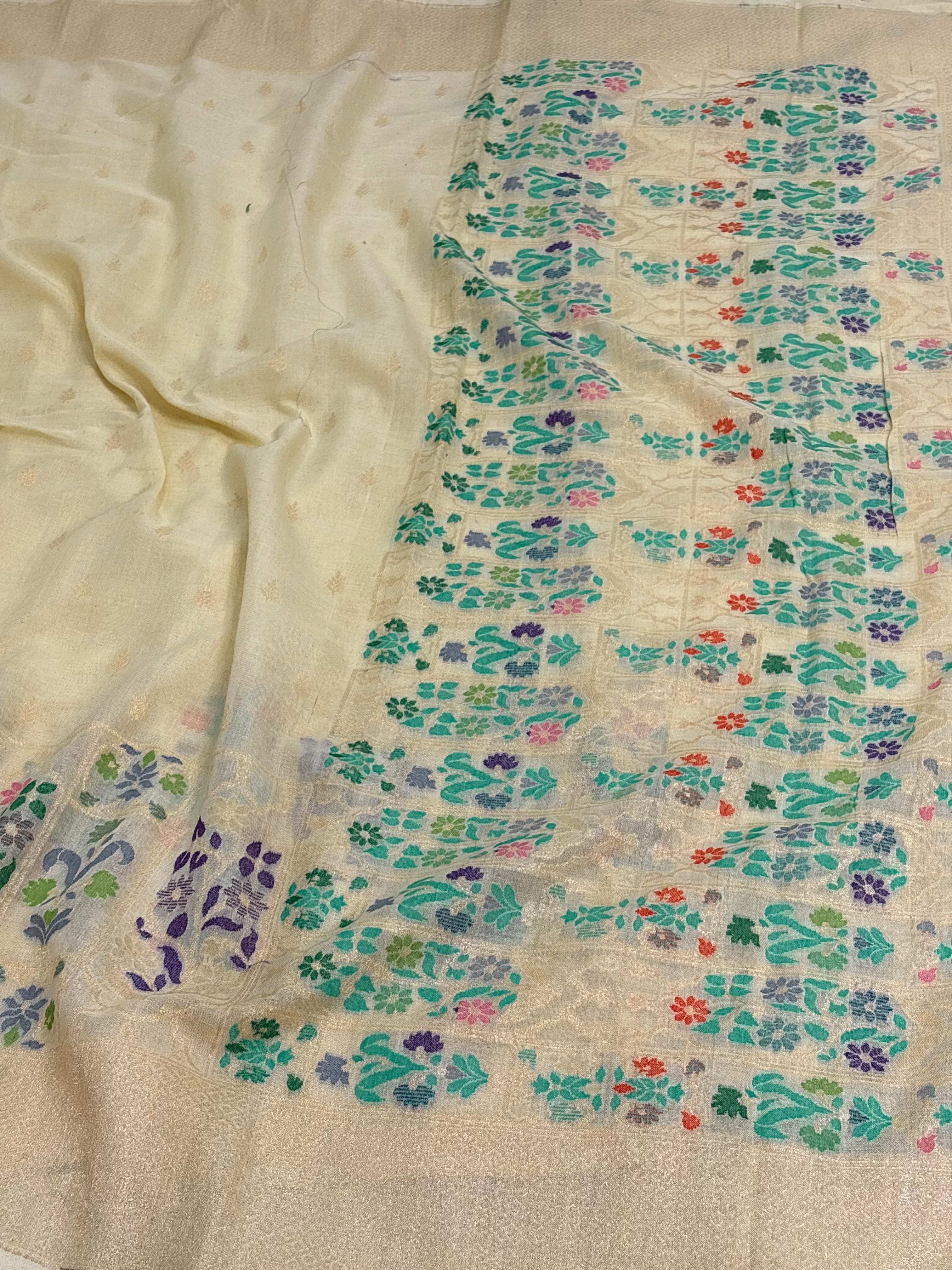 Banarasi Pure Mustard Cotton Jamdani Handloom Saree with Meenakari Weaving