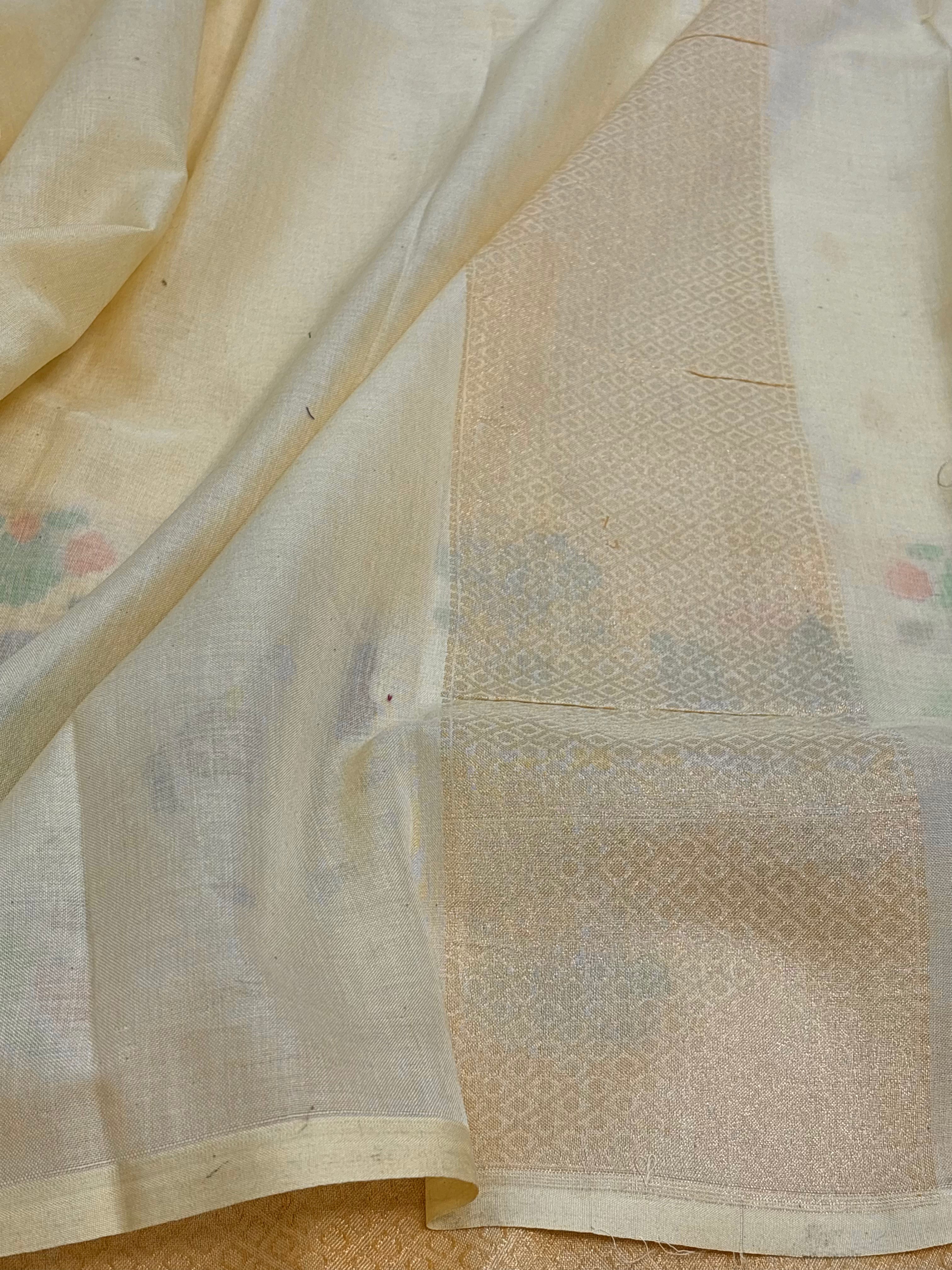 Banarasi Pure Mustard Cotton Jamdani Handloom Saree with Meenakari Weaving