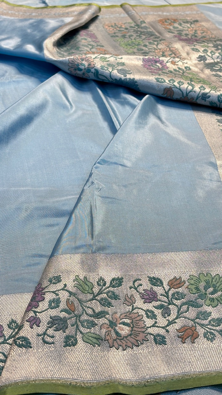 Powder Blue Pure Banarasi Katan Silk Handloom Saree