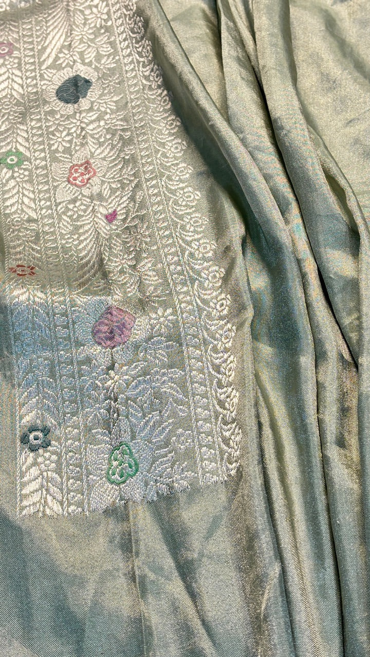 Dusty Pista Green Tissue Banarasi Silk Handwoven Saree