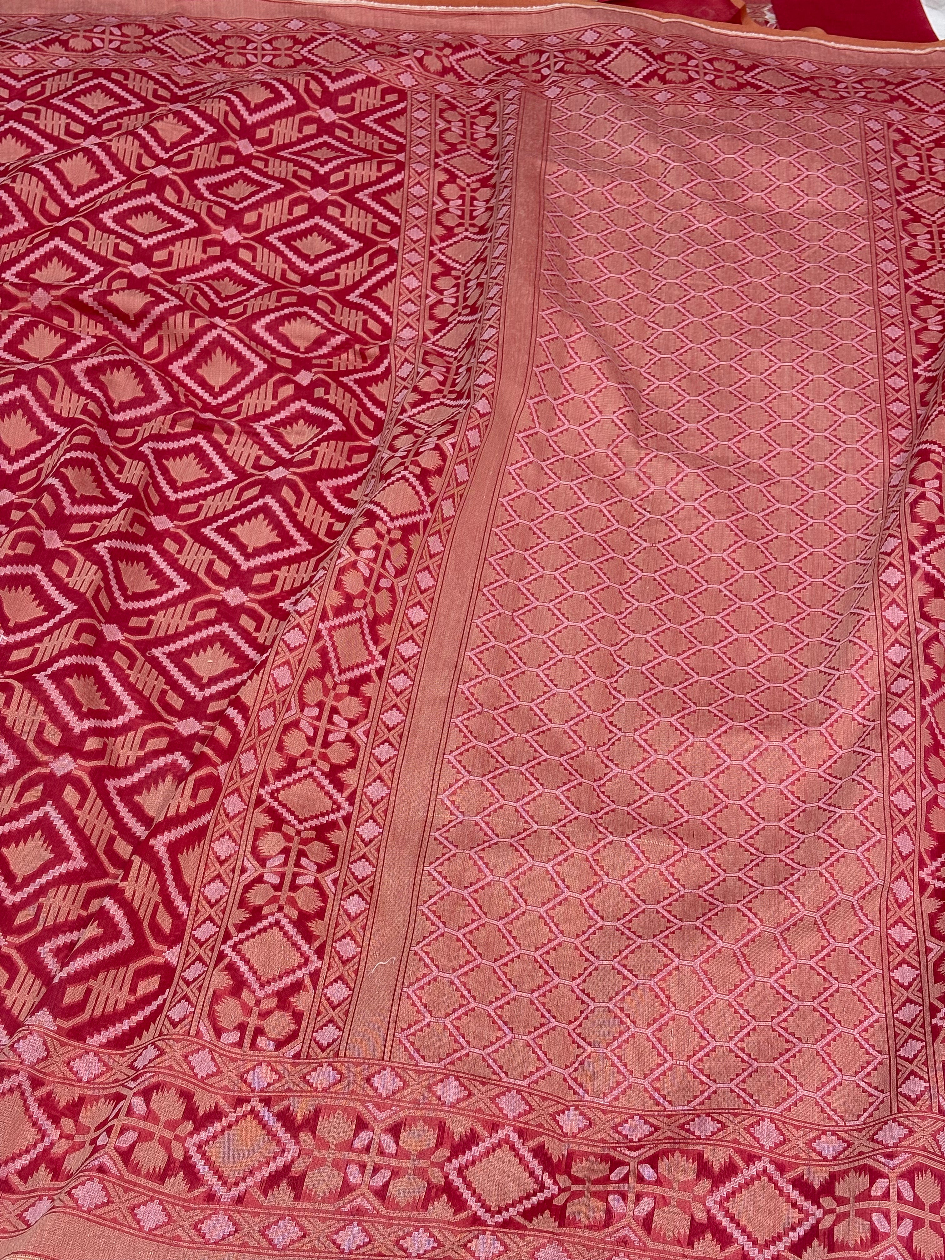 Orangish Pink Cotton Jamdani Handwoven Saree