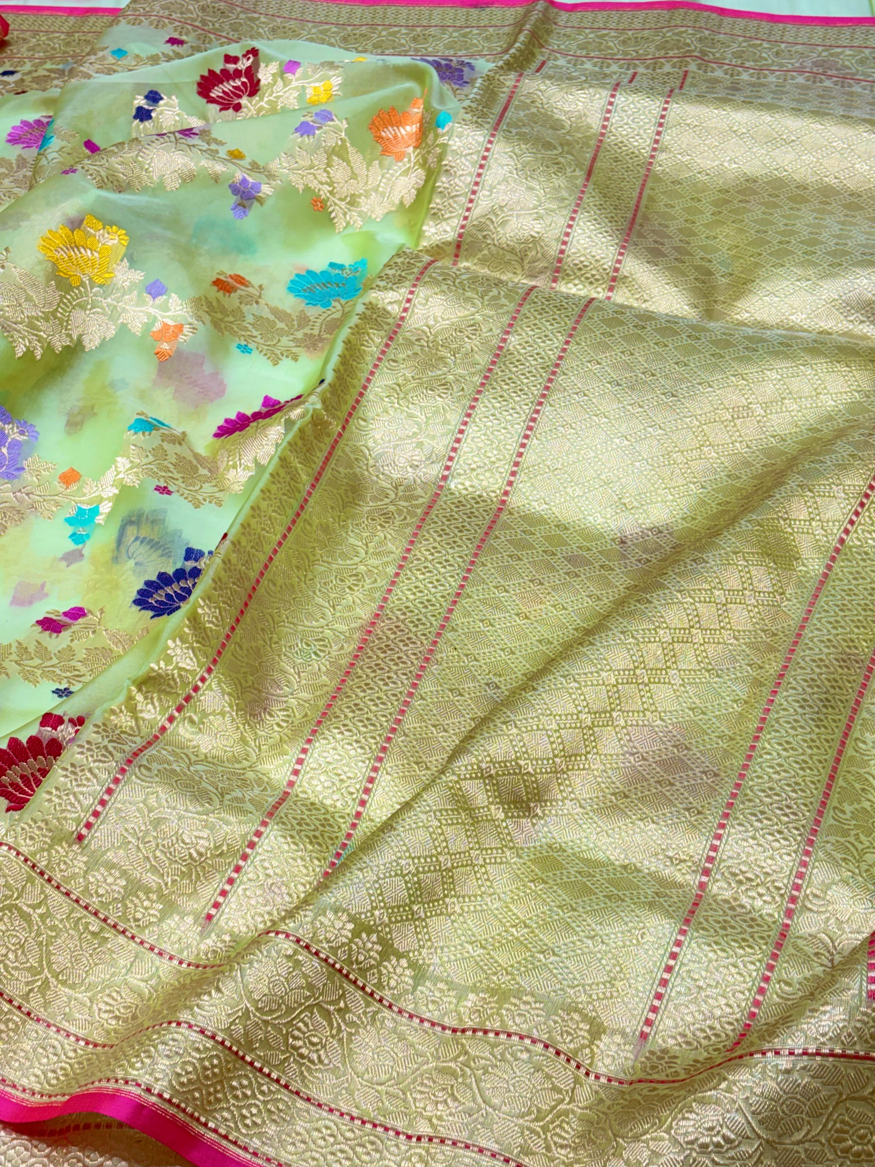 Pastel Mint Green Banarasi Kora Silk Handwoven Saree