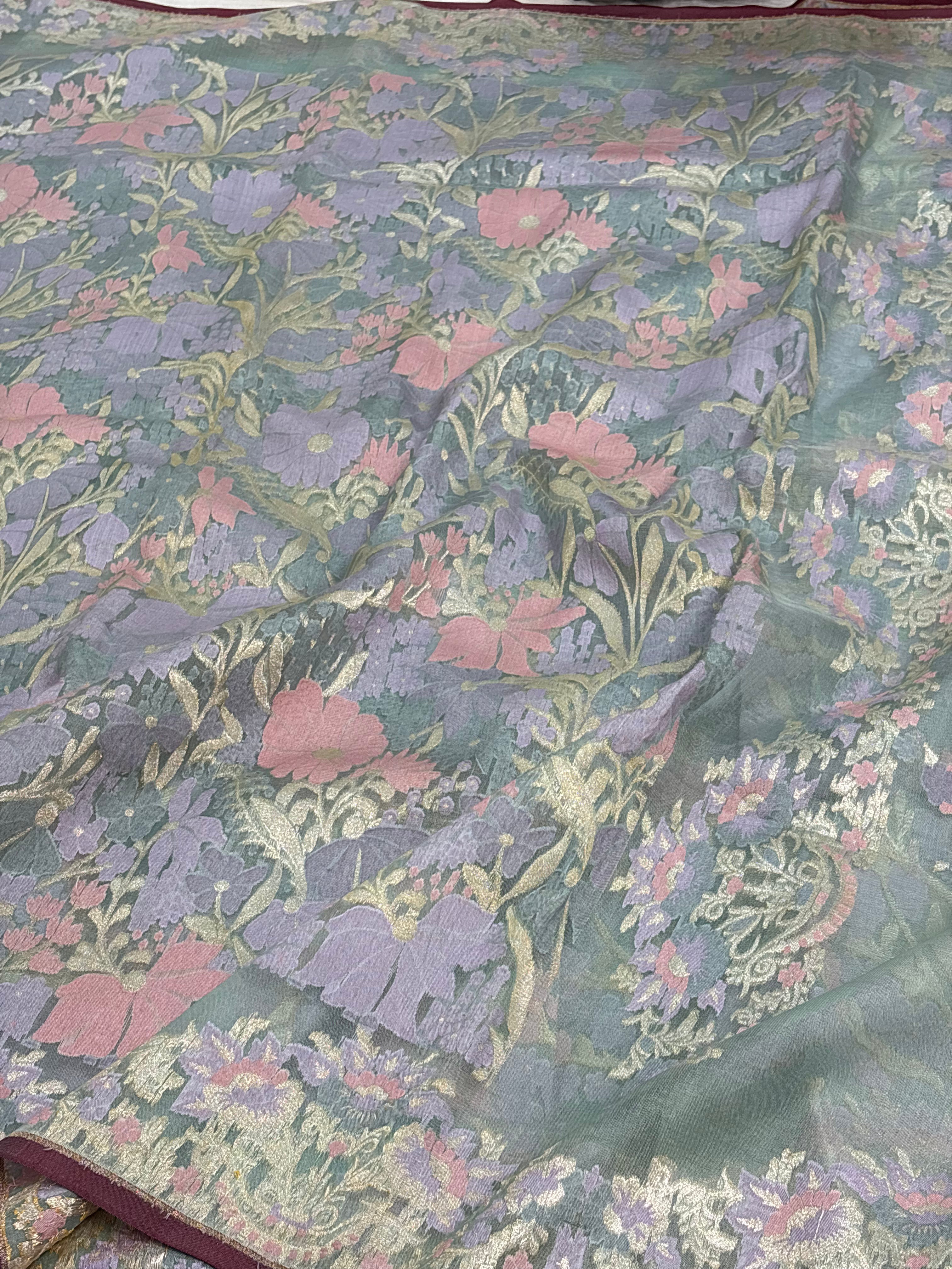 Pure Sky Blue Kora Jamdani Banarasi Handwoven Saree