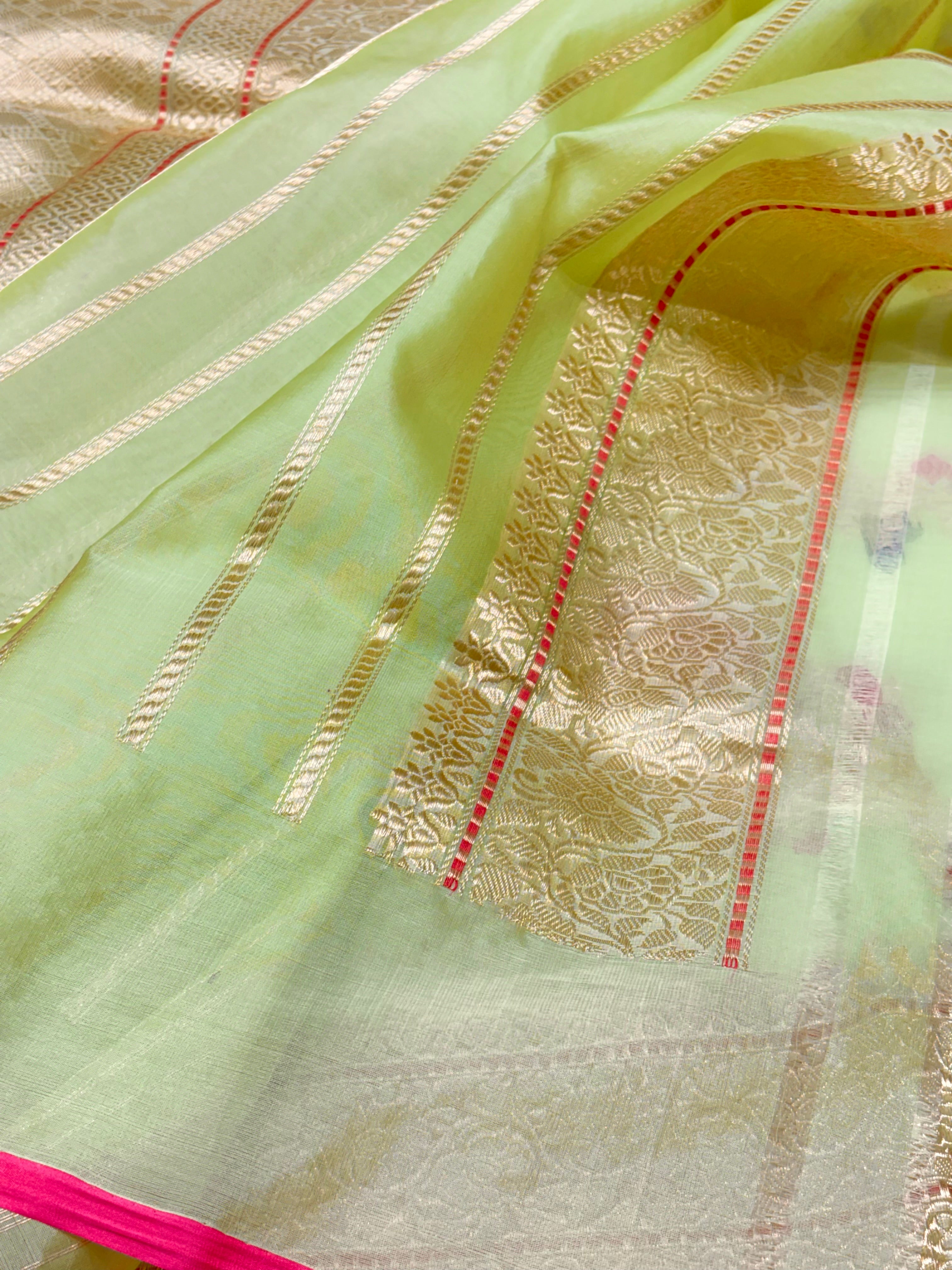 Pastel Mint Green Banarasi Kora Silk Handwoven Saree
