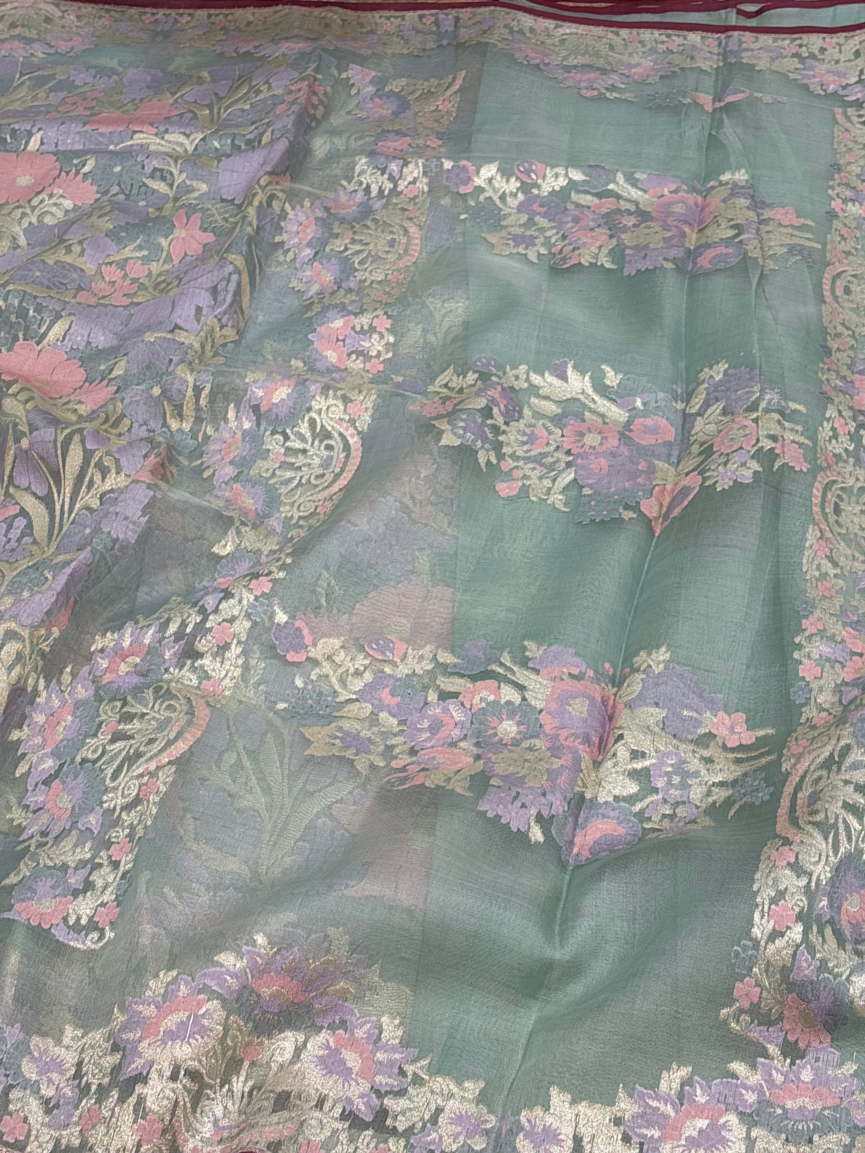 Pure Sky Blue Kora Jamdani Banarasi Handwoven Saree