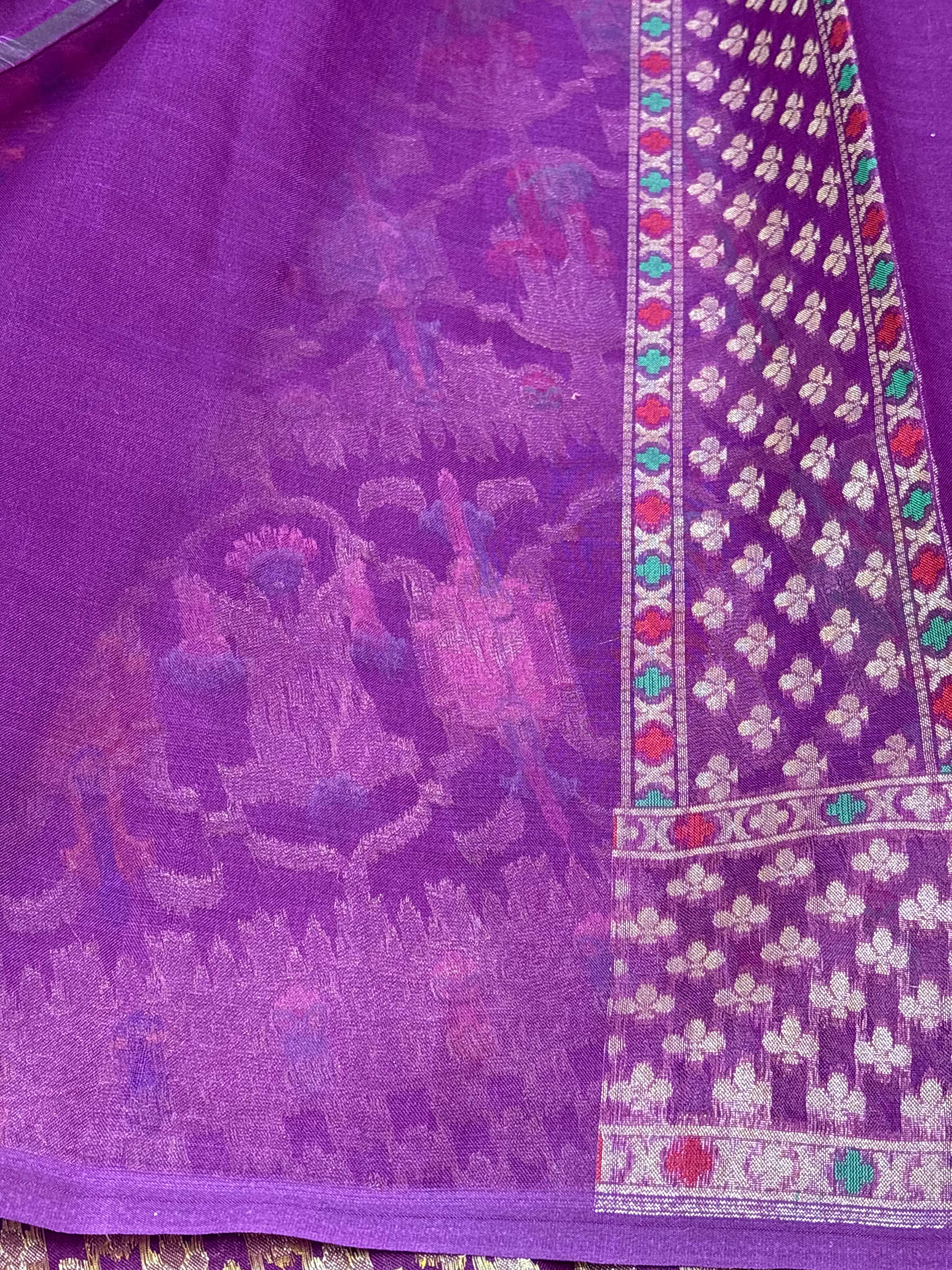 Pure Banarasi Purple Kora Jamdani Handwoven Saree