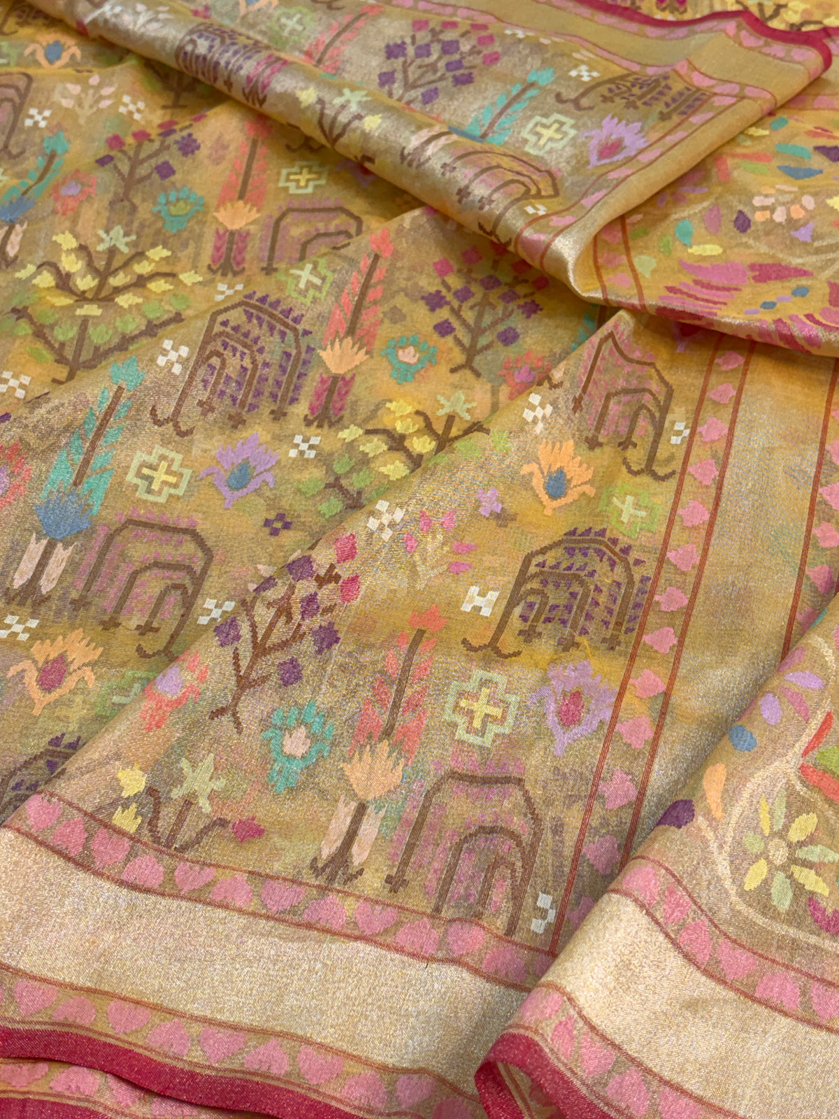 Mustard Handwoven Real Gold & Silver Zari Tissue JAMDANI Saree