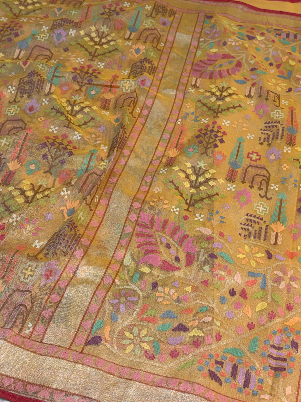 Mustard Handwoven Real Gold & Silver Zari Tissue JAMDANI Saree