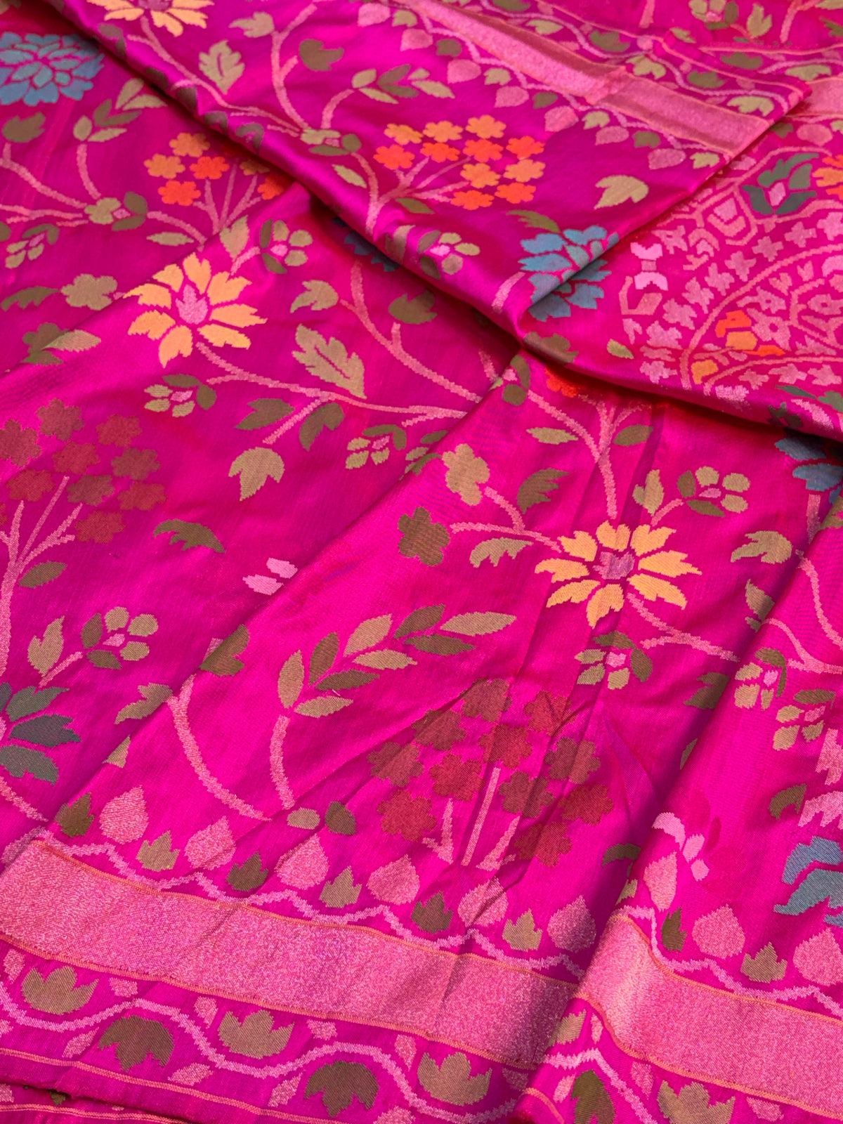 Rani Pink Handwoven Real Gold & Silver Zari Silk Jamdani Saree