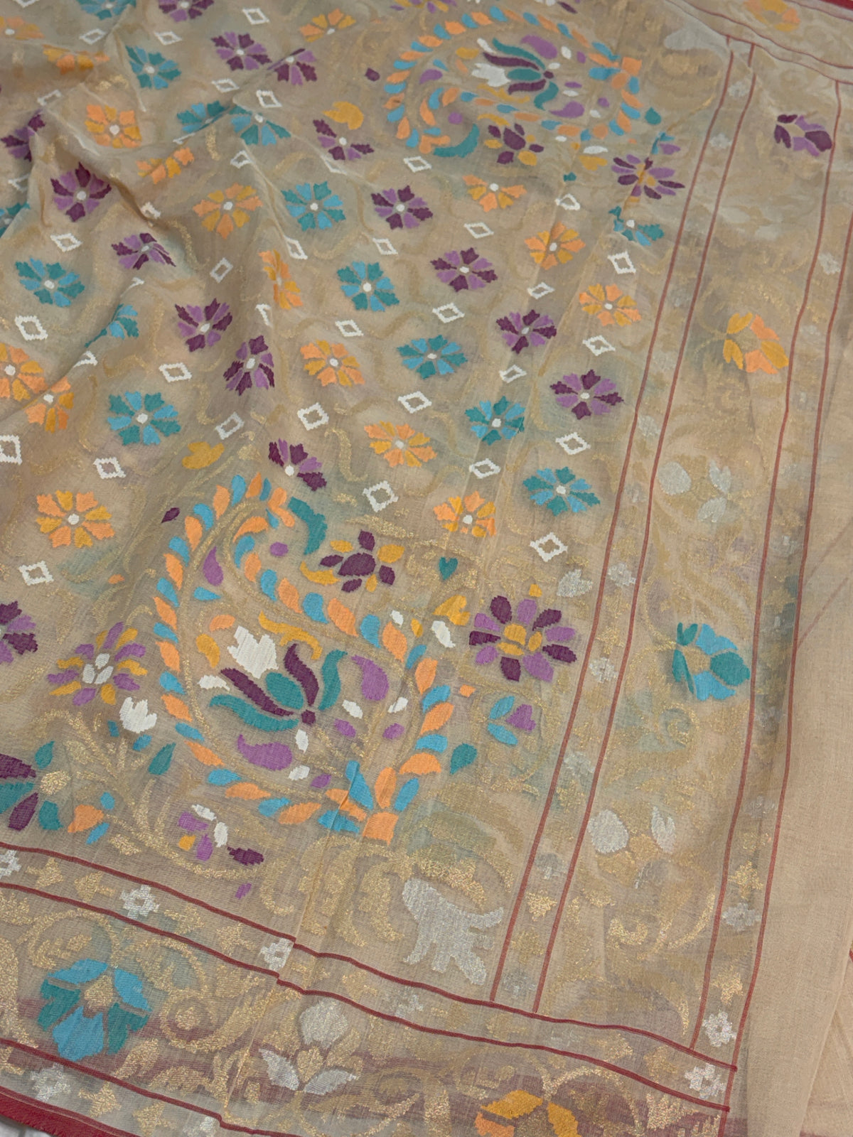 Ivory Handwoven Real Zari Cotton Jamdani Saree