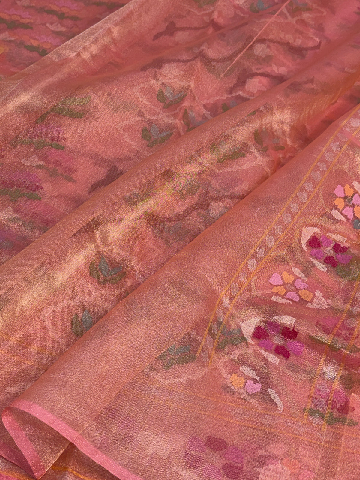 Baby Pink Handwoven Real Gold & Silver Zari Tissue Jamdani Saree
