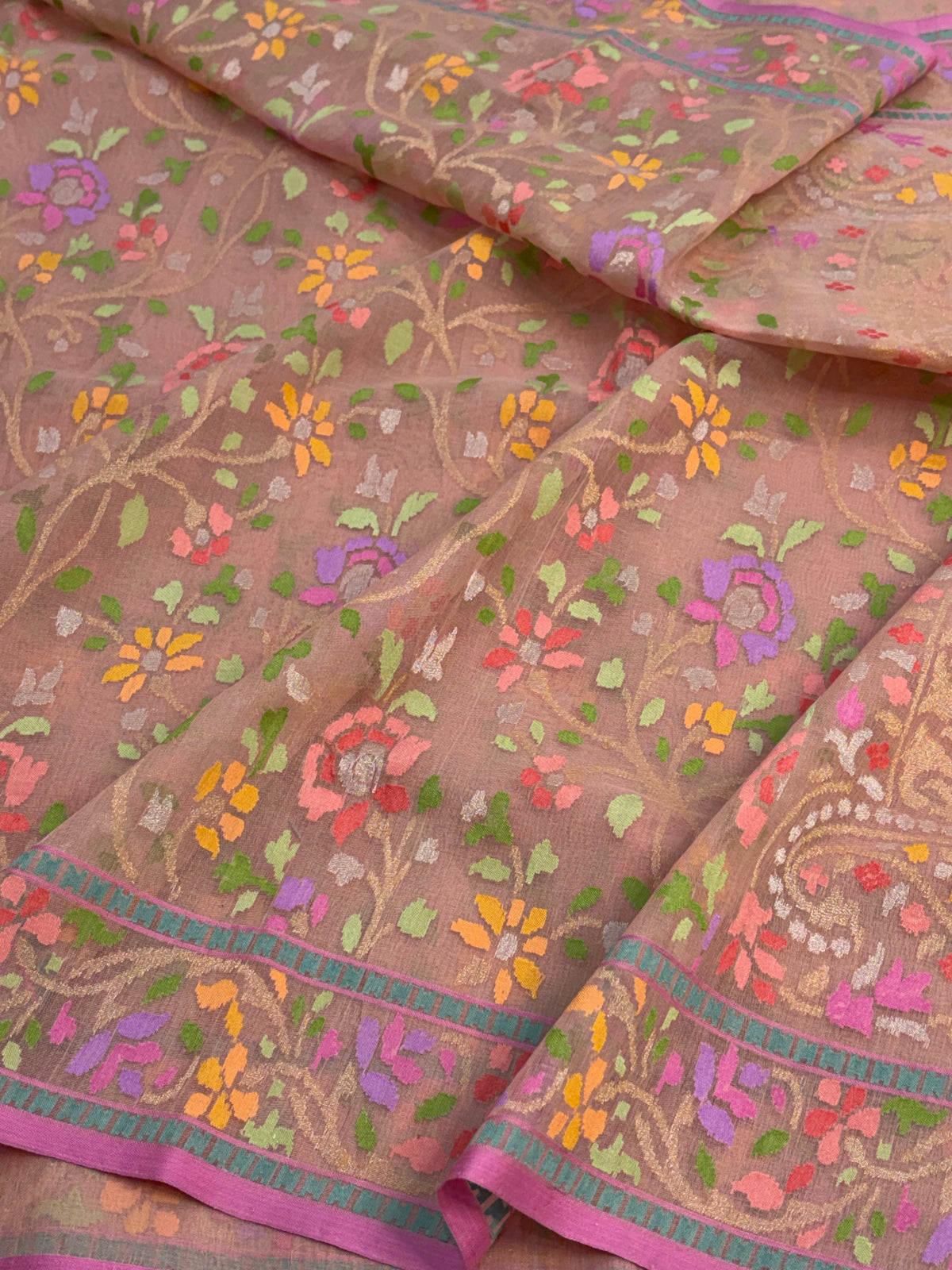 Peach Handwoven Real Zari Cotton Jamdani Saree