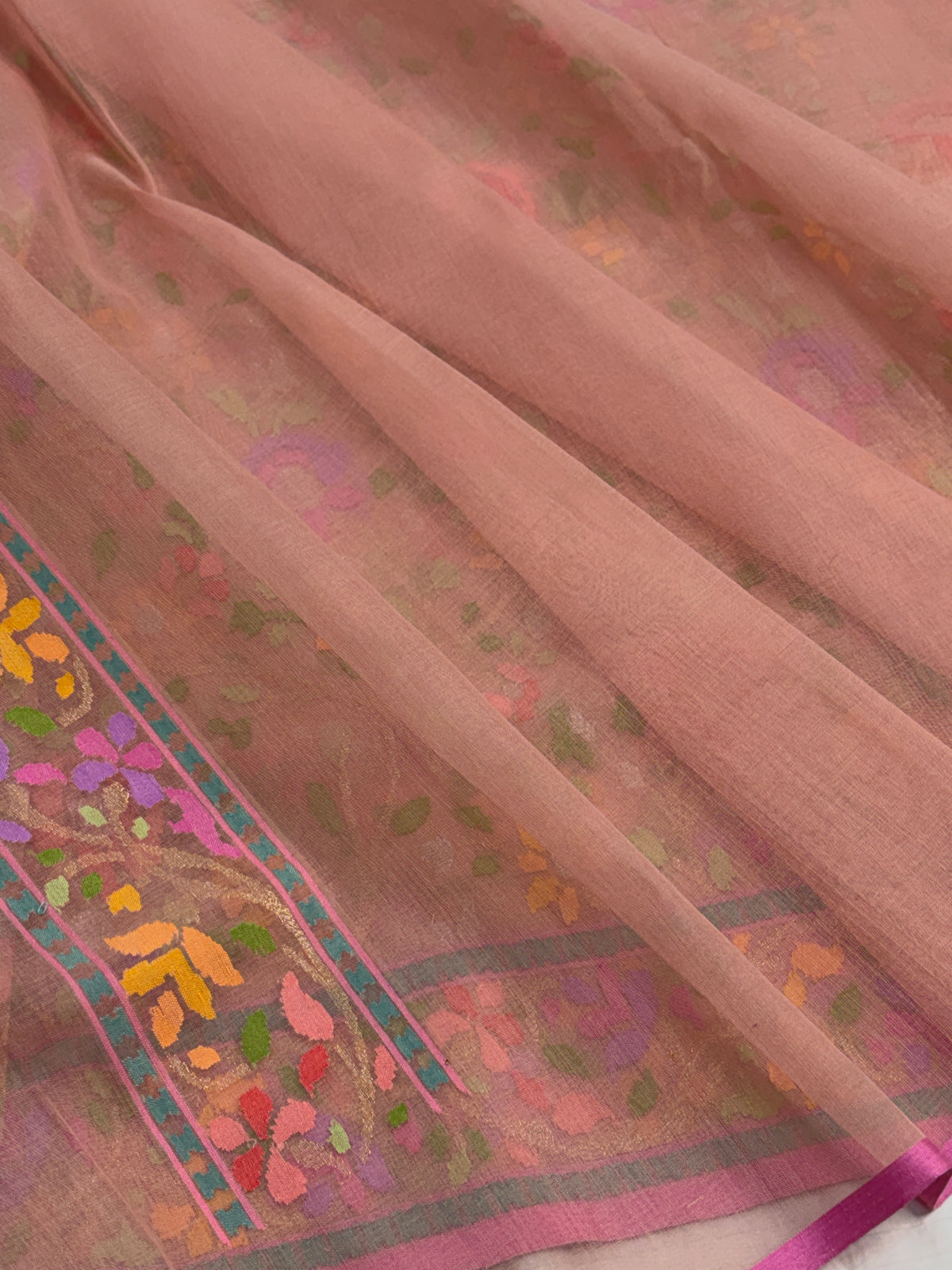 Peach Handwoven Real Zari Cotton Jamdani Saree