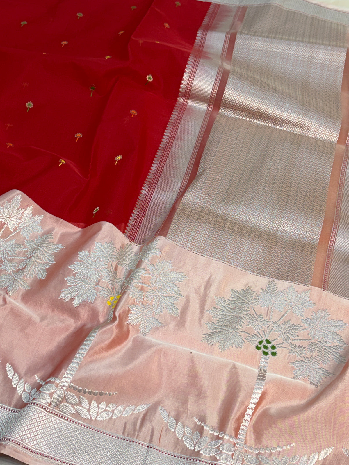 Red Handwoven Pure BANARSI Kora Silk Saree with KADHIYAL Border