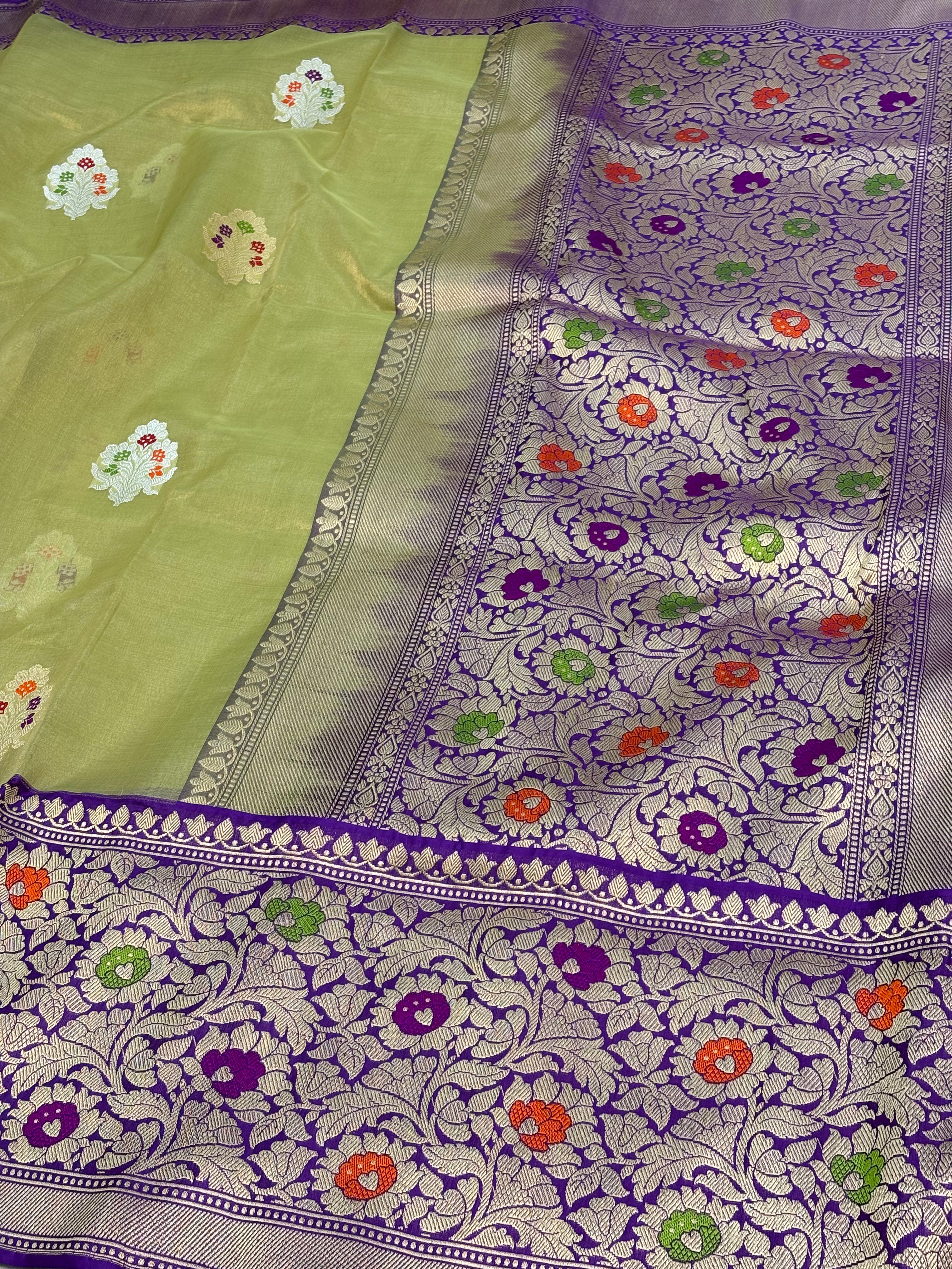 Pista Green Handwoven Tissue Buti Banarasi Meenakari Saree with Kadhiyal Border
