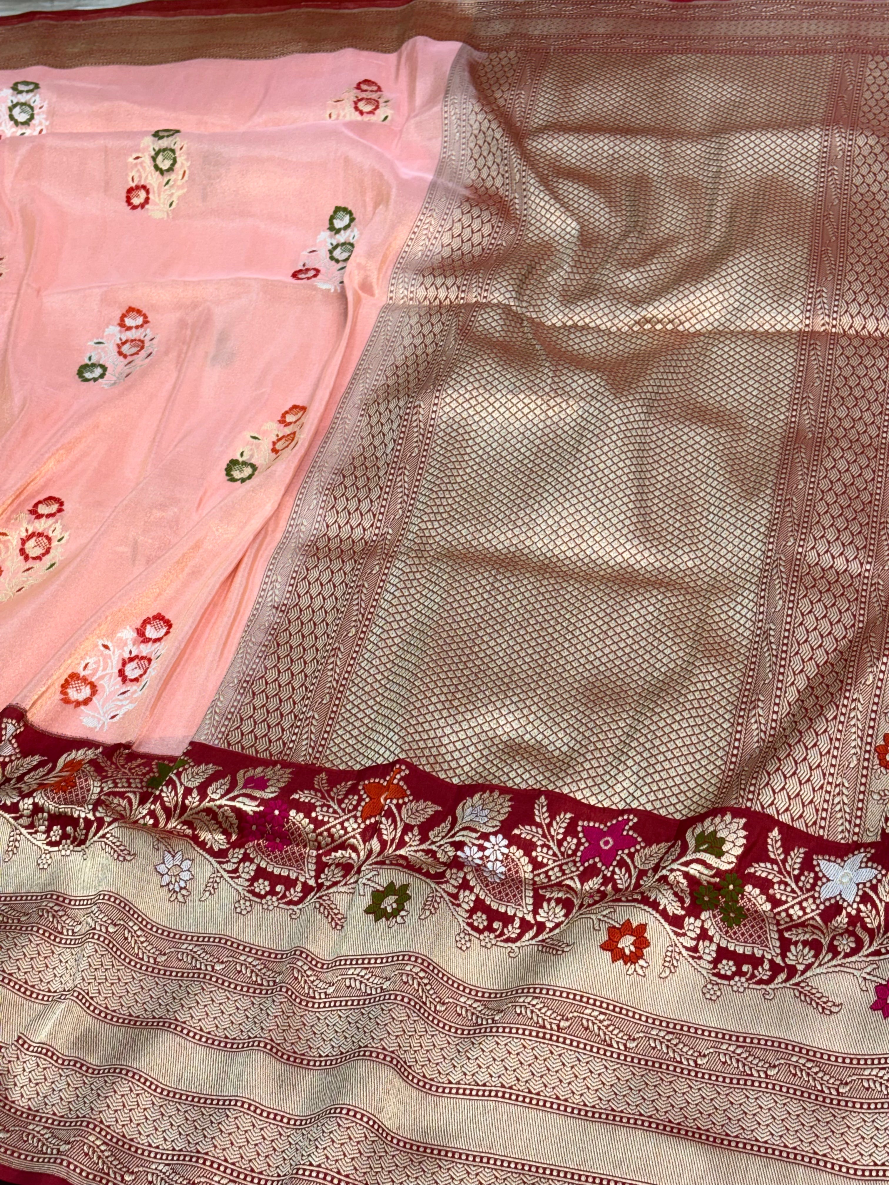 Peach Handwoven Tissue Buti Banarasi Meenakari Saree with Kadhiyal Border