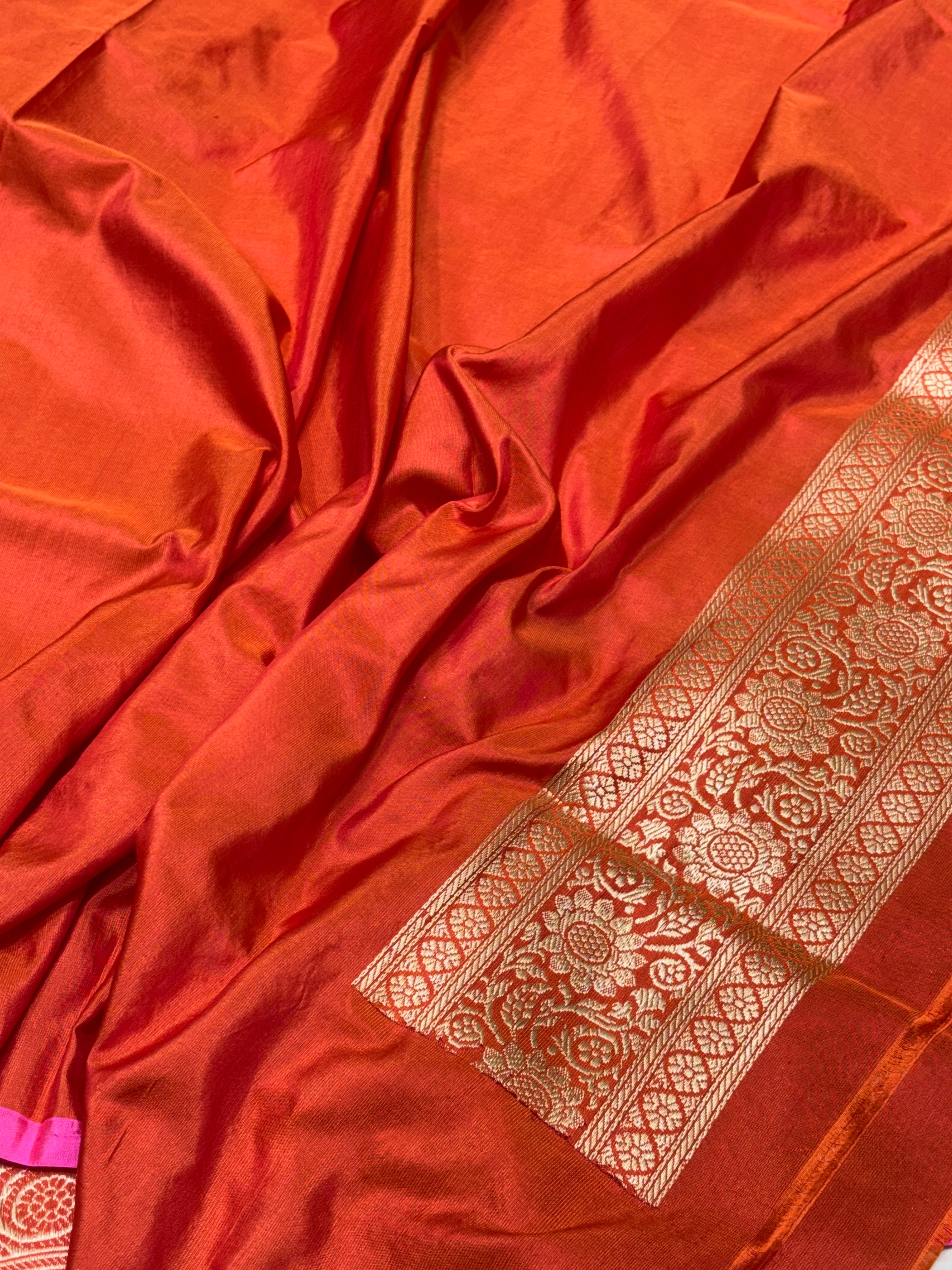 Rust Orange Banarasi Pure Katan Silk Handwoven Saree