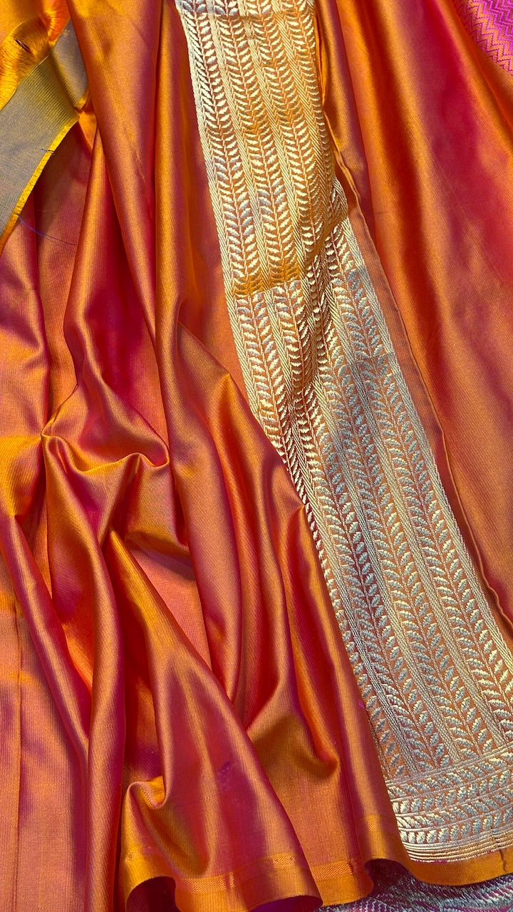 Orange Satin Tanchoi Silk Banarasi Handwoven Saree