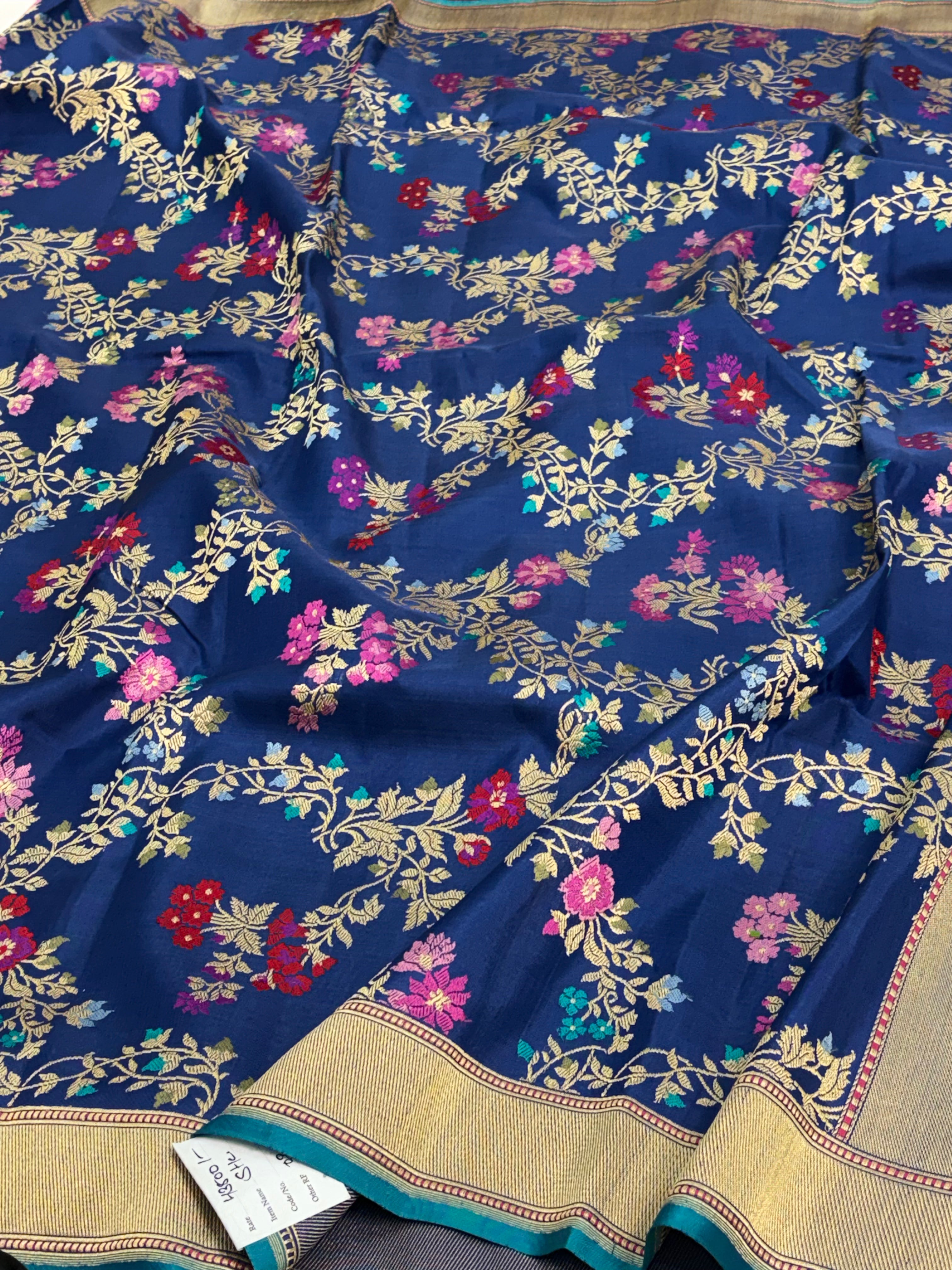 Navy Blue Handwoven Banarasi Katan Jaal Silk Saree