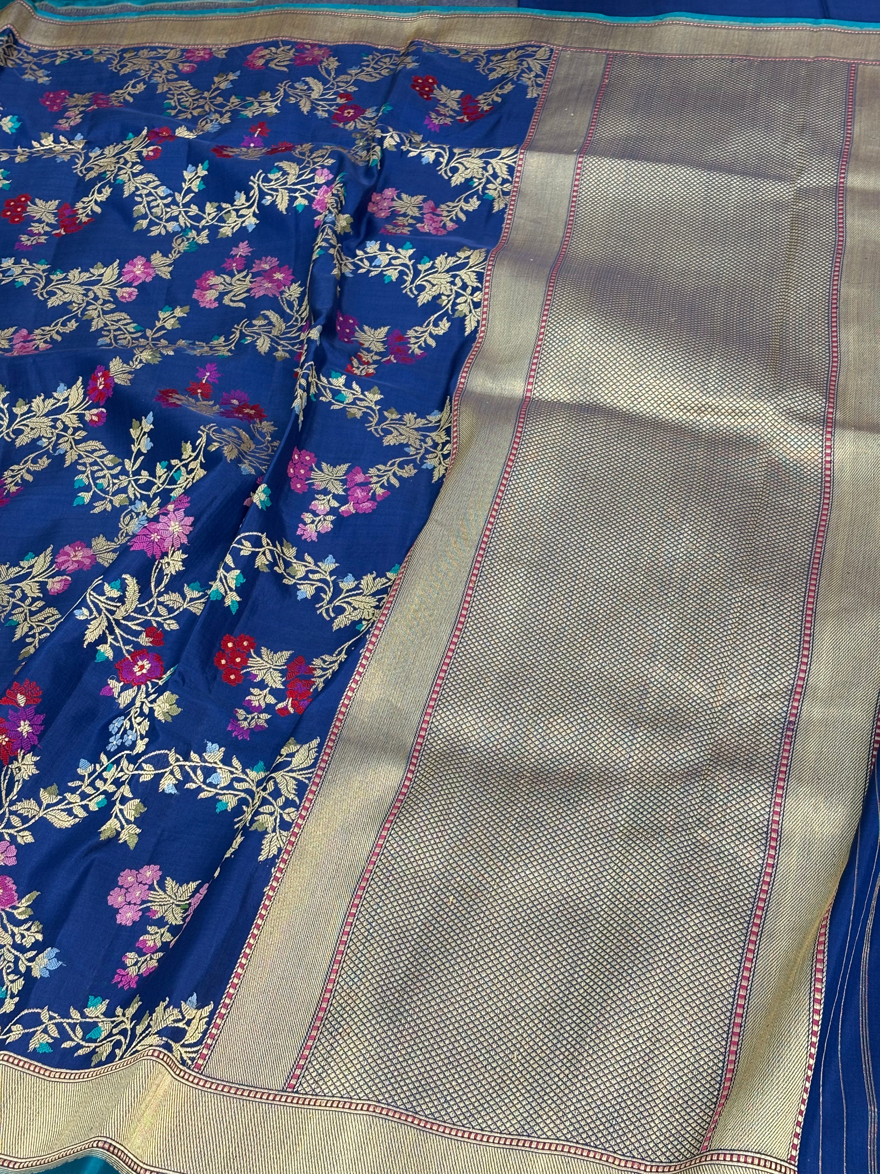 Navy Blue Handwoven Banarasi Katan Jaal Silk Saree
