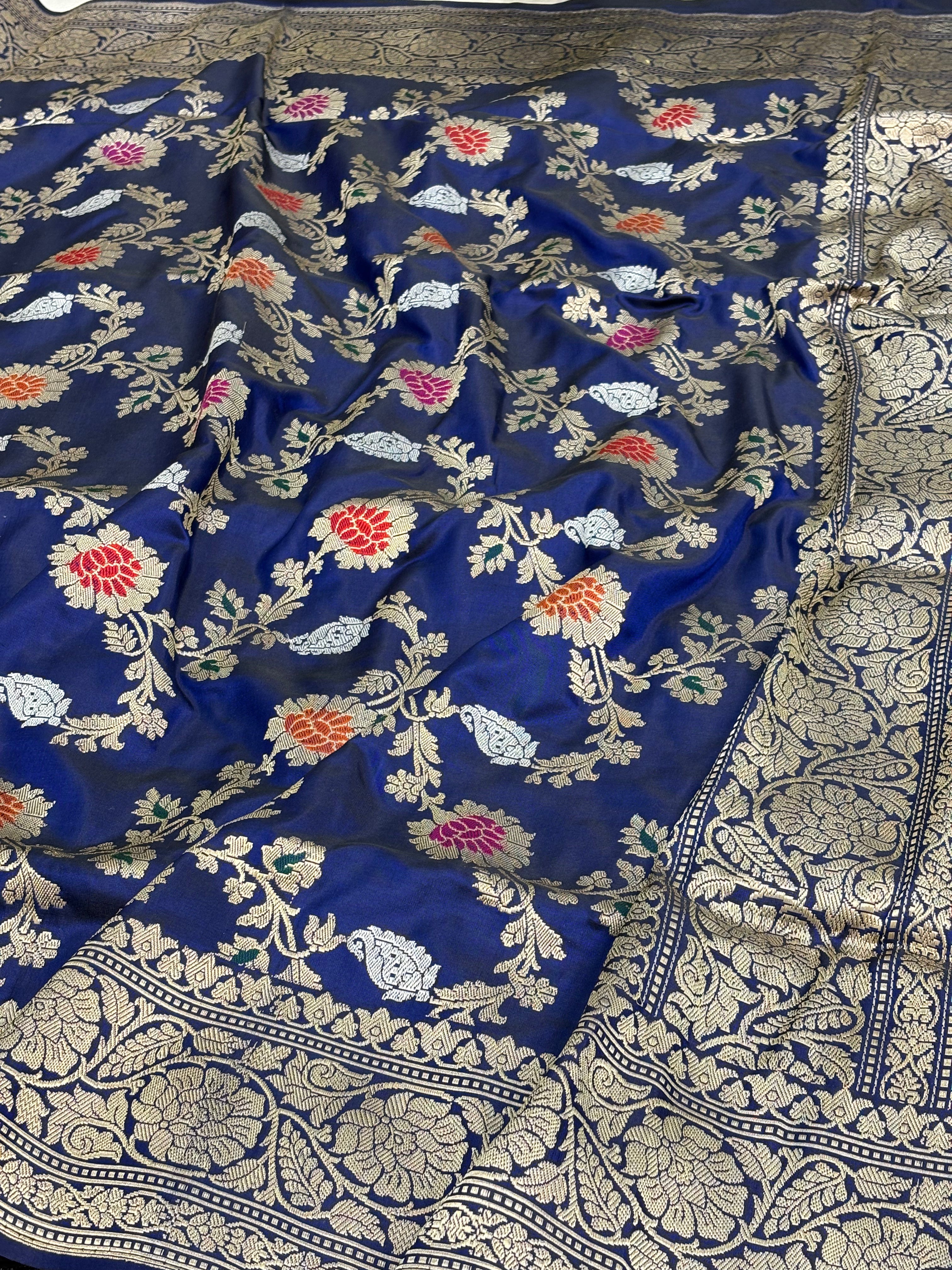 Navy Blue Handwoven Meenakari Jaal Banarasi Katan Silk Saree
