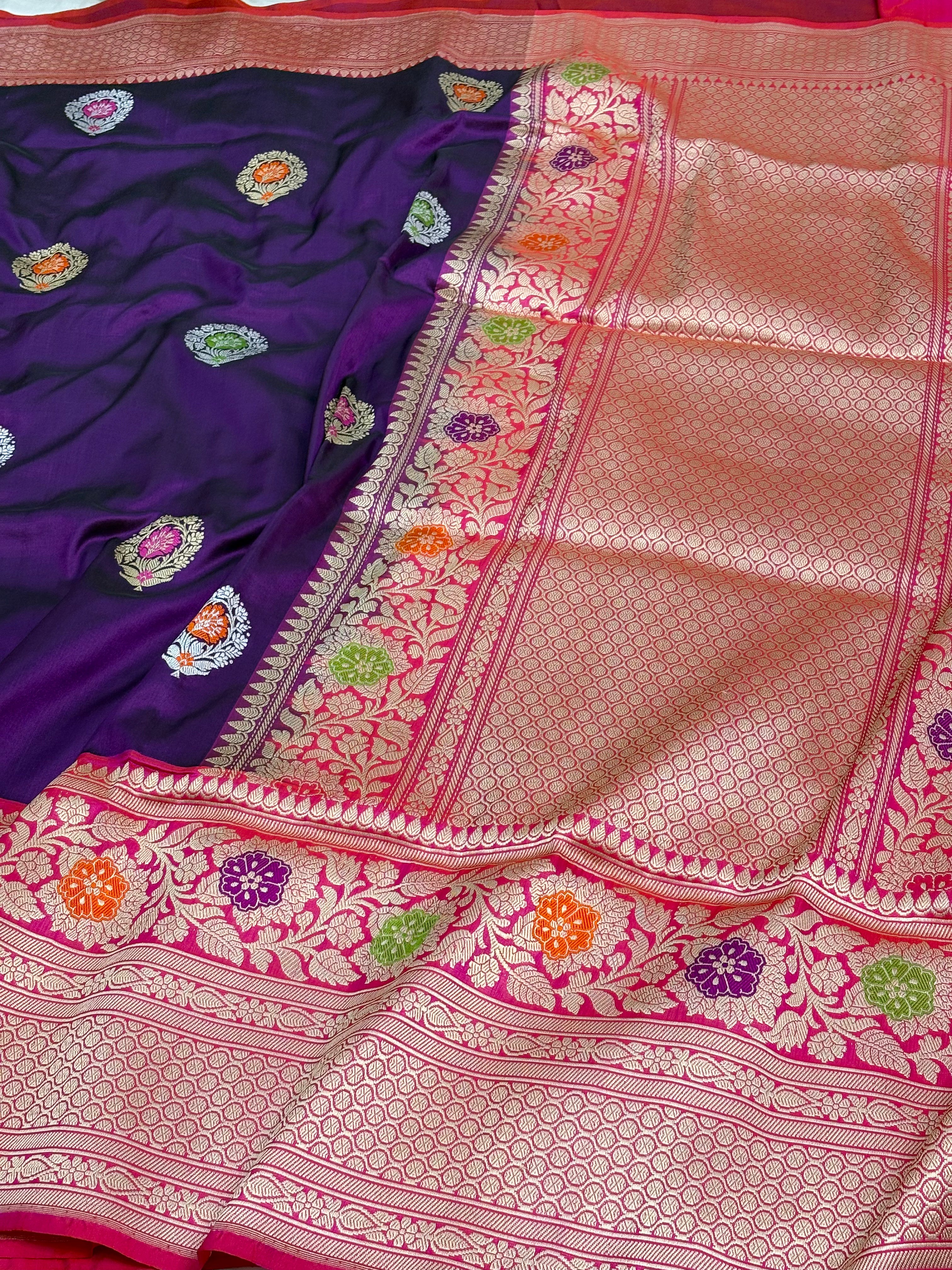 Purple Banarasi Katan Silk Saree with Pink Border