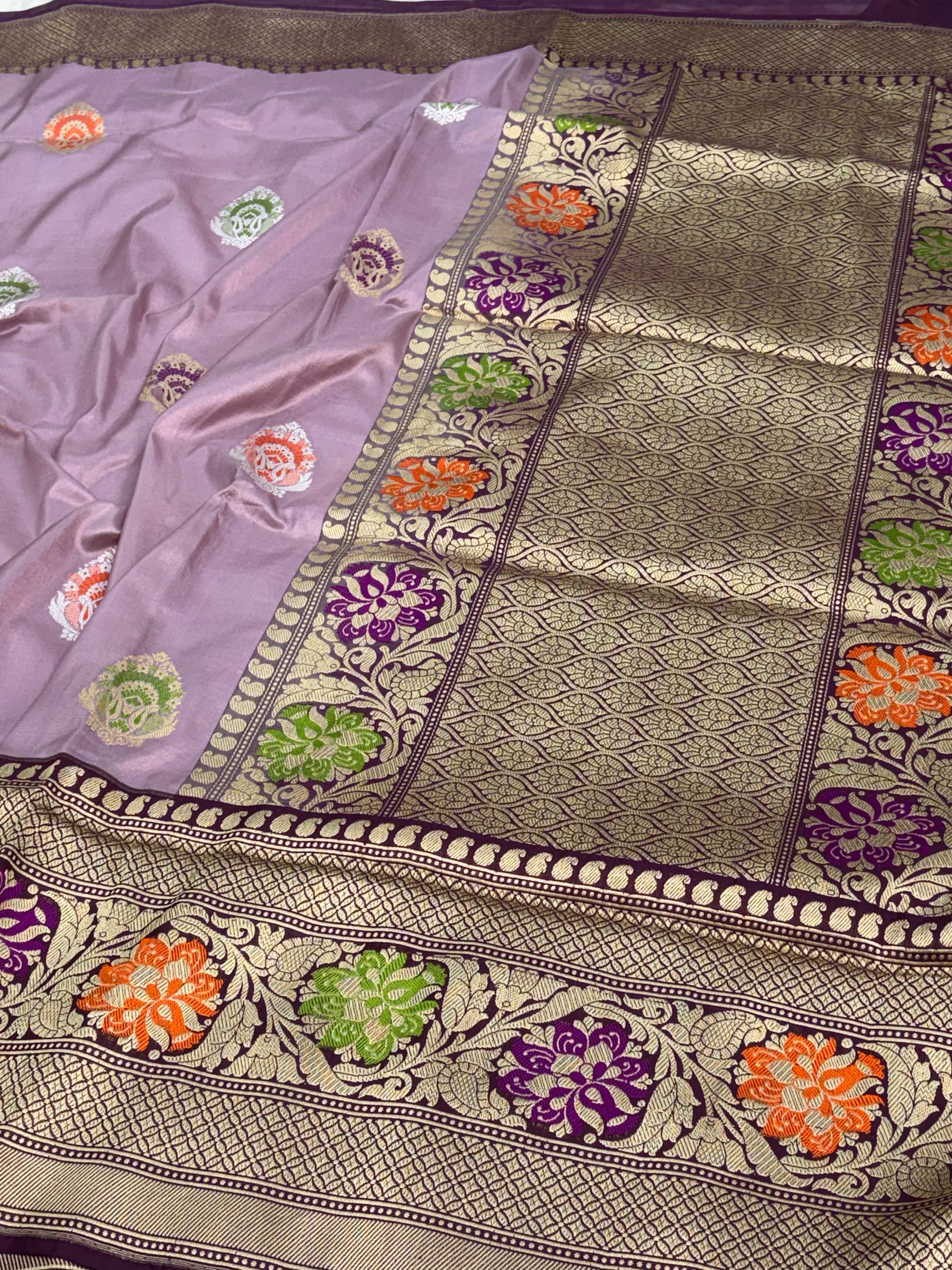 Lavender Kadhiyal Banarasi Katan Silk Saree with Purple Border