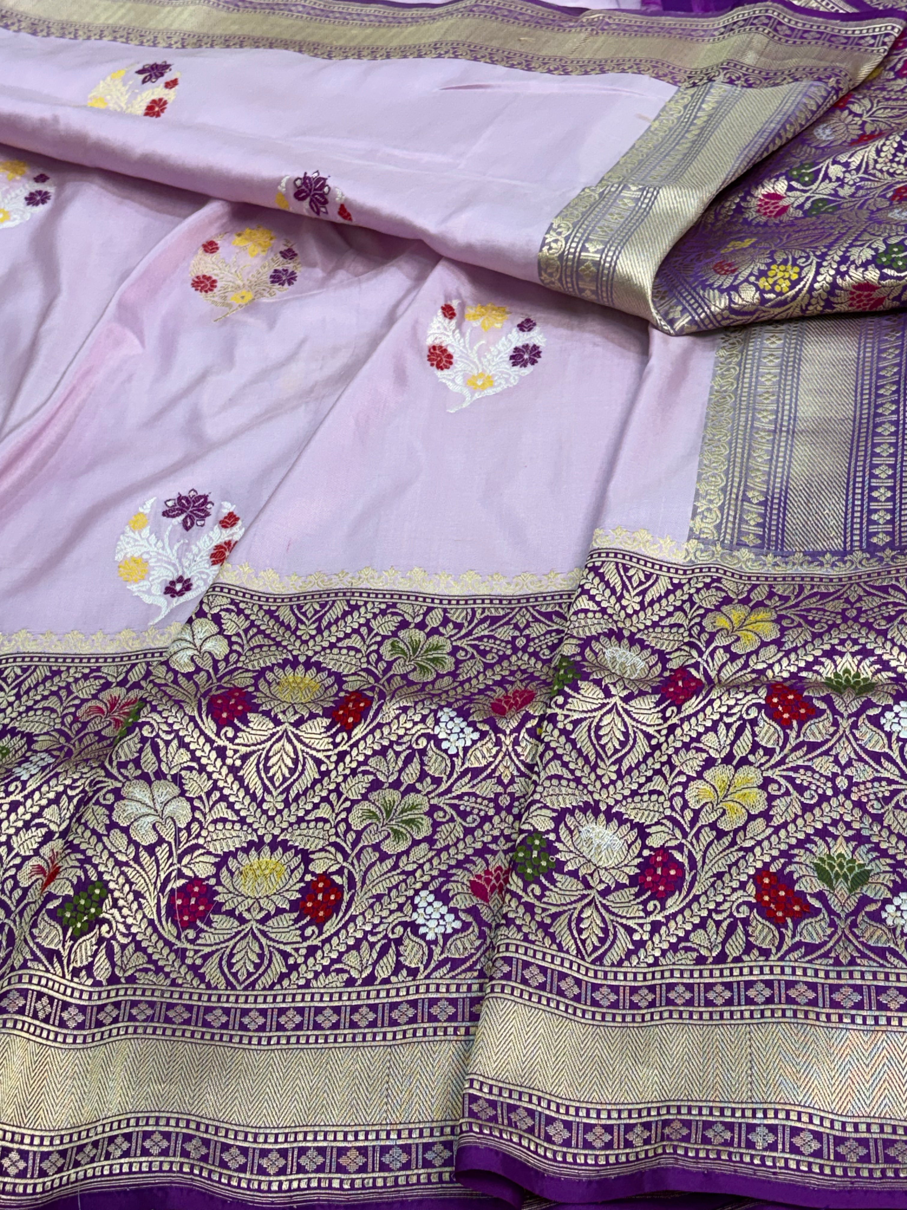 Lavender Kadhiyal Banarasi Katan Silk Saree with Purple Border