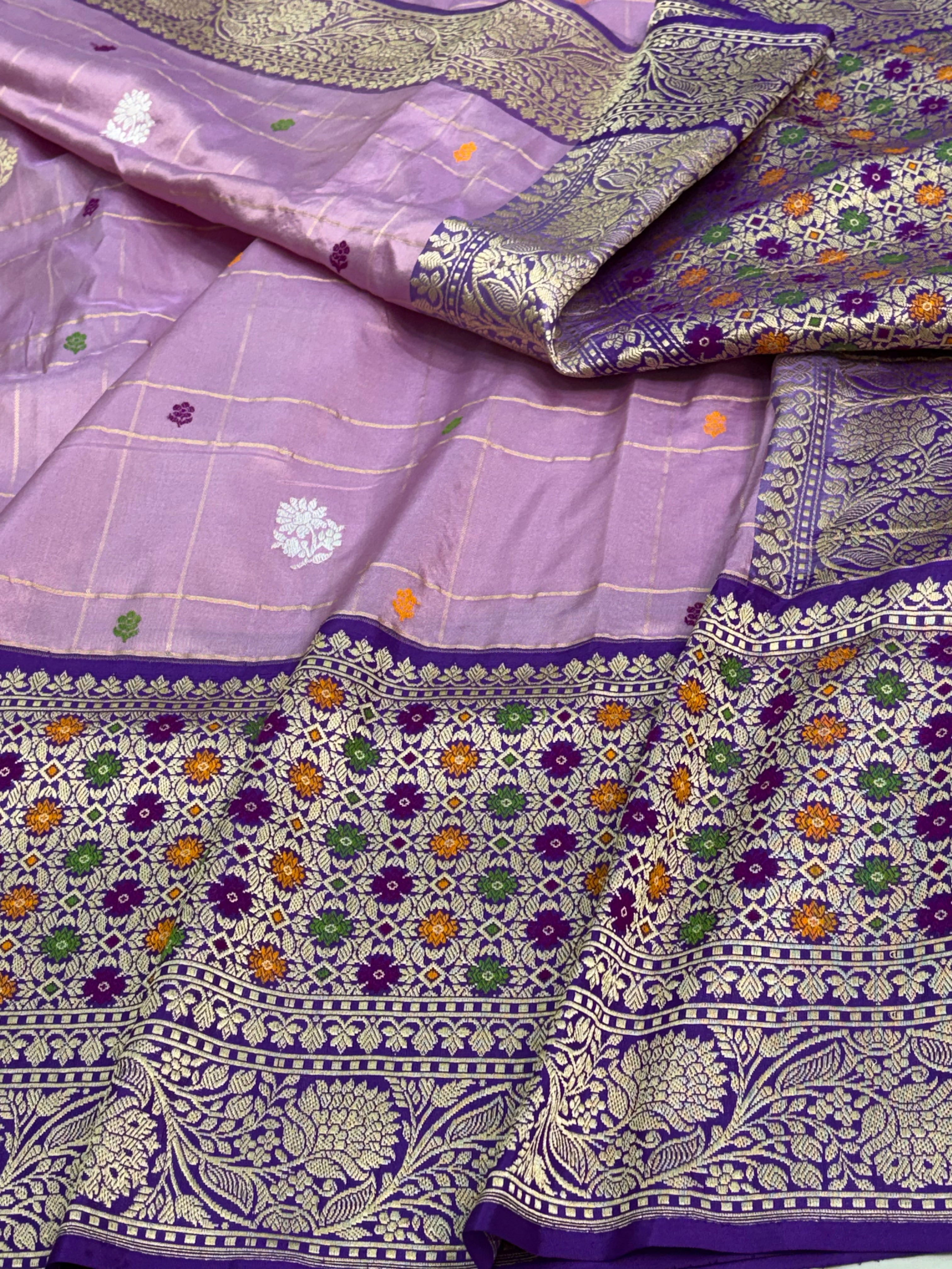 Levender kadhiyal Banarasi Katan silk with purple border