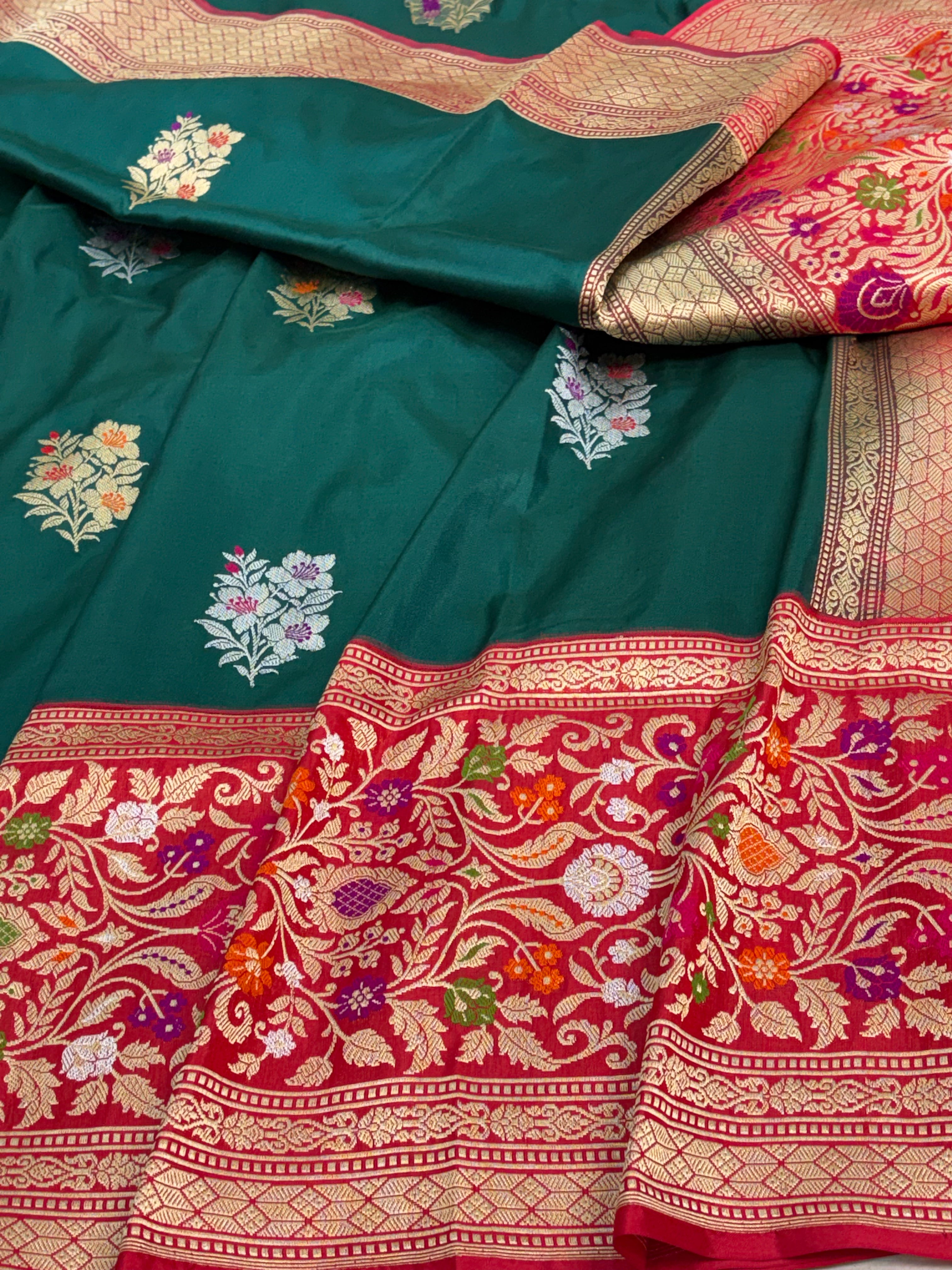 Green Banarasi Kadhiyal Katan Silk Saree with Red Border