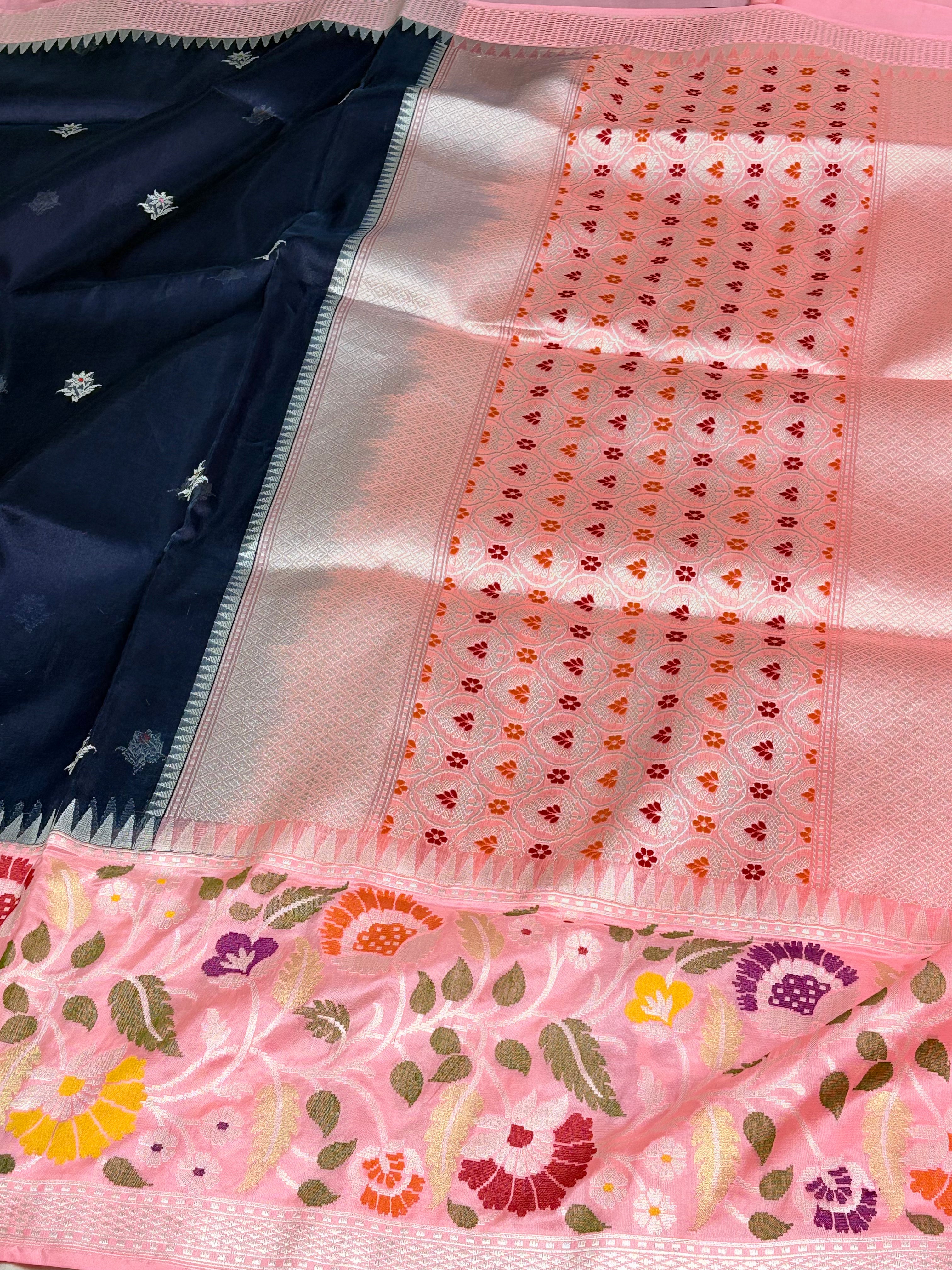 Navy Blue Kora Kadhiyal Banarasi Saree with Baby Pink Katan Silk Border