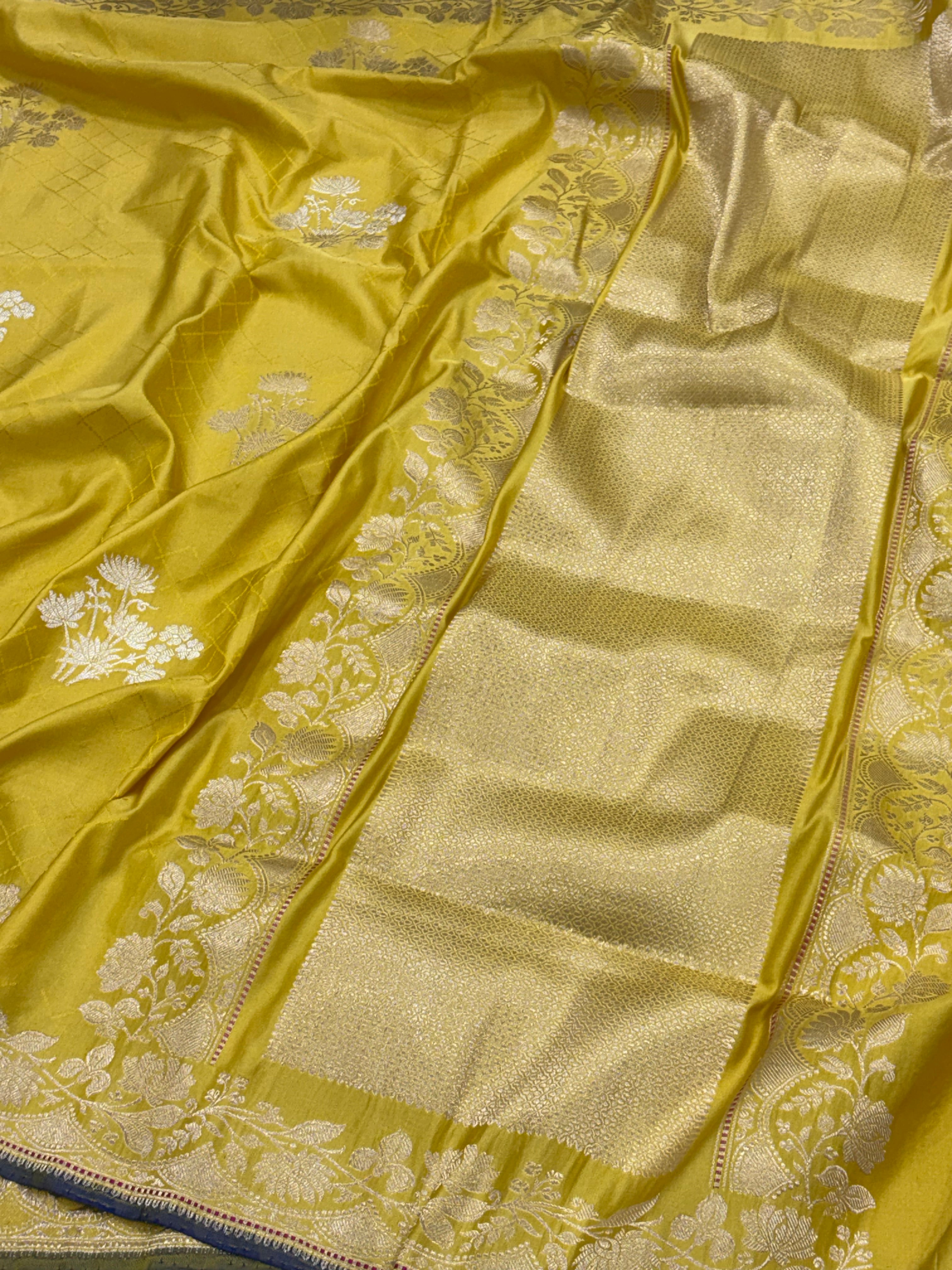 Yellow Banarasi Satin Silk Handwoven Saree