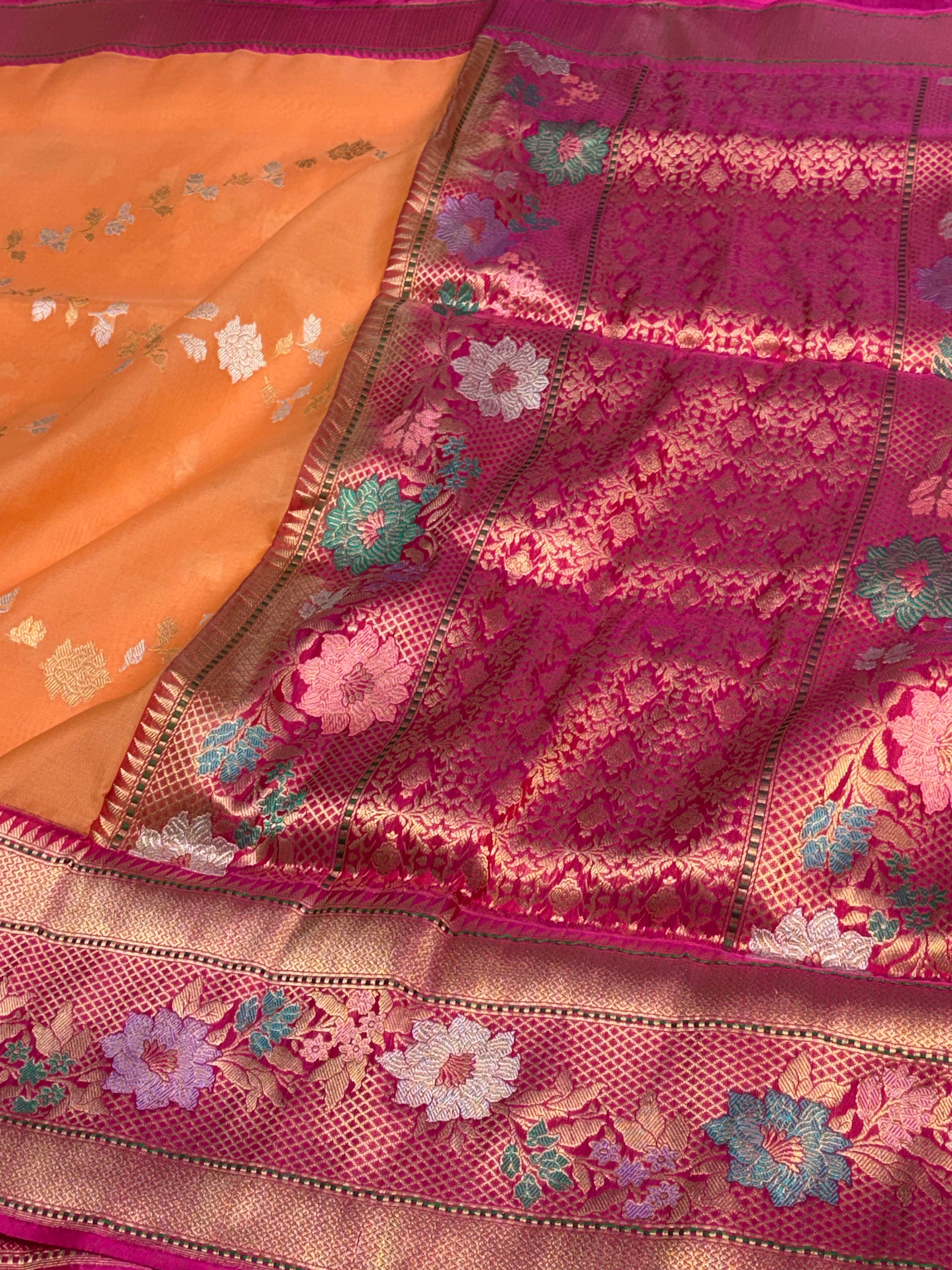 Orange Kora Kadhiyal Banarasi Saree with Pink Katan Silk Border
