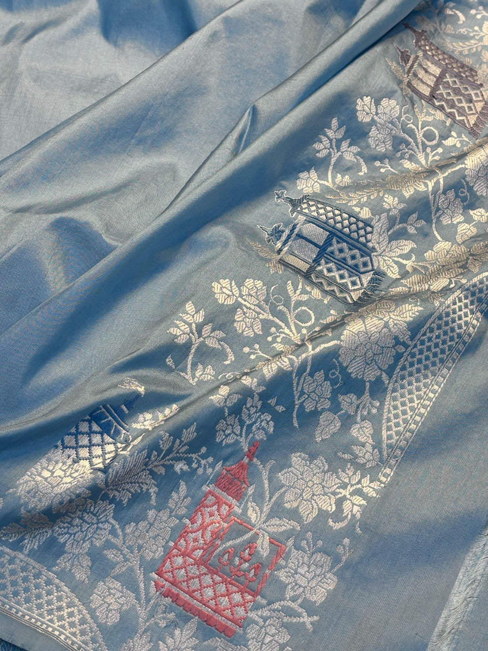 Powder Blue Pure Banarasi Katan Silk Saree