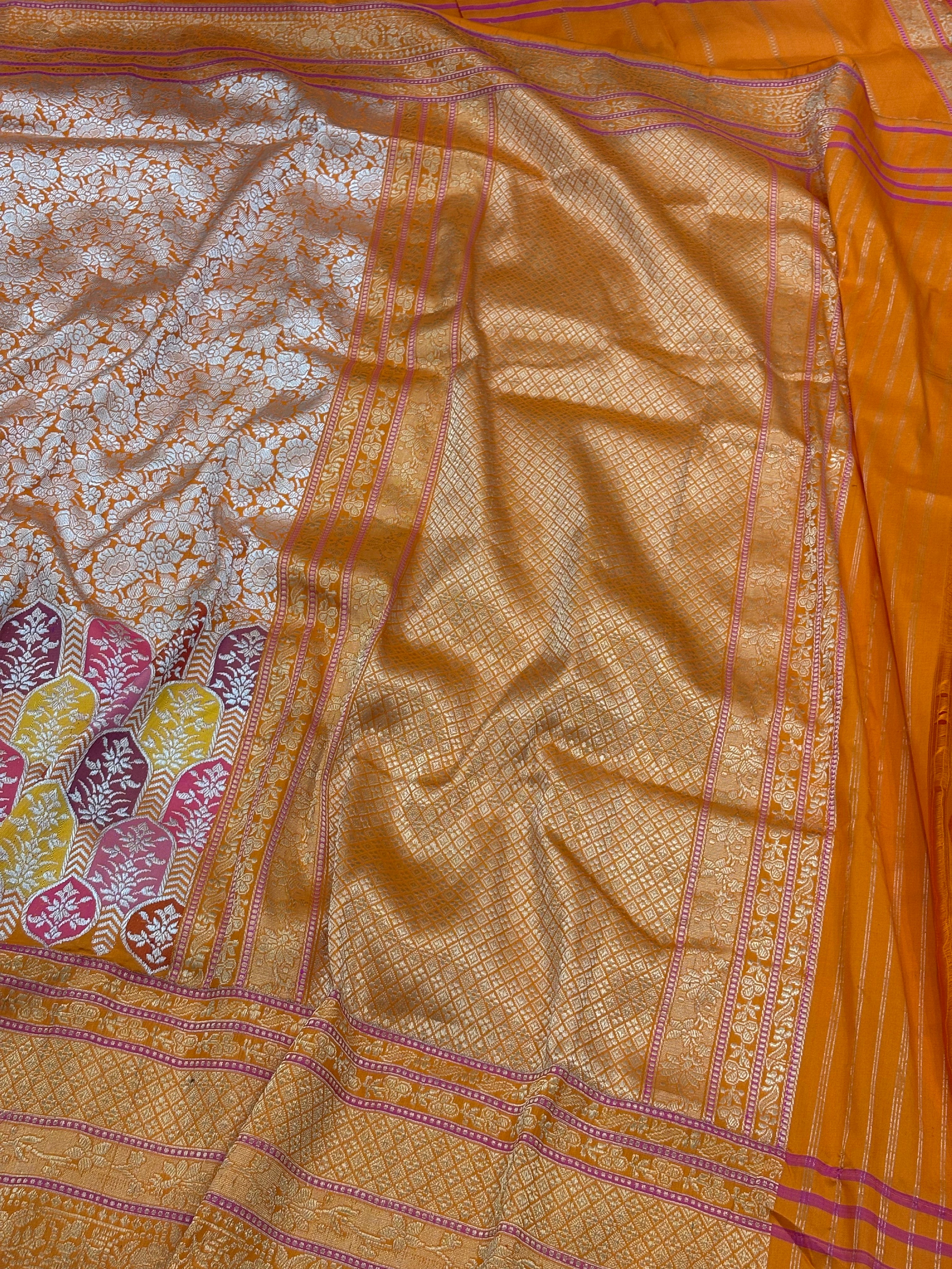 Orange Banarasi Handwoven Khimkhab Silk Saree