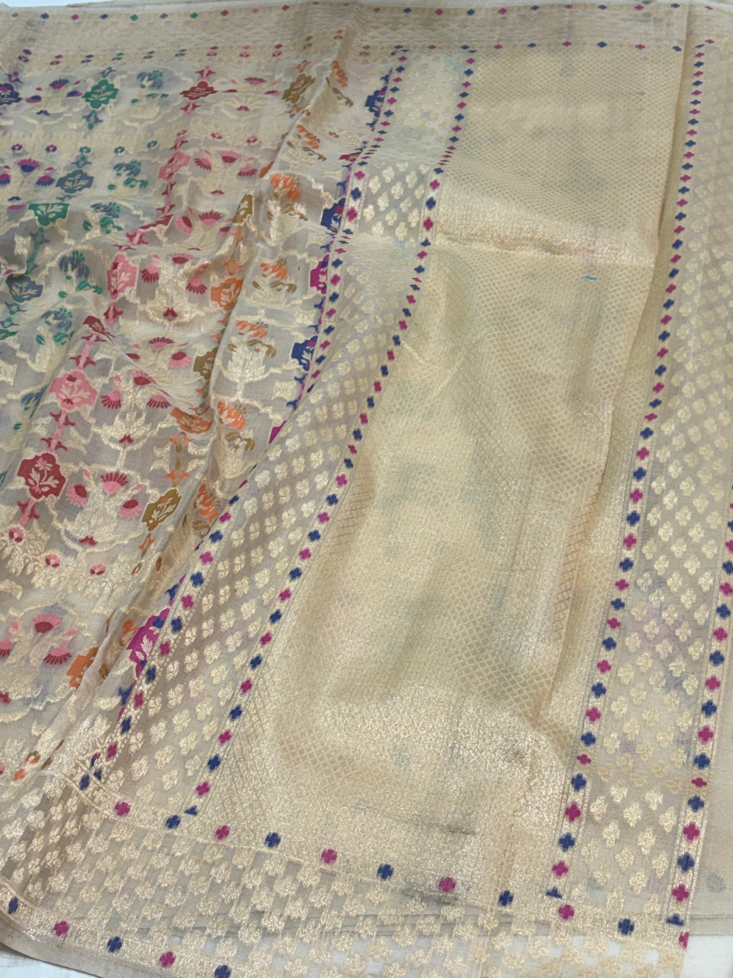 Kora Banarasi Meenakari Jamdani Saree with Multicolor Woven Motifs