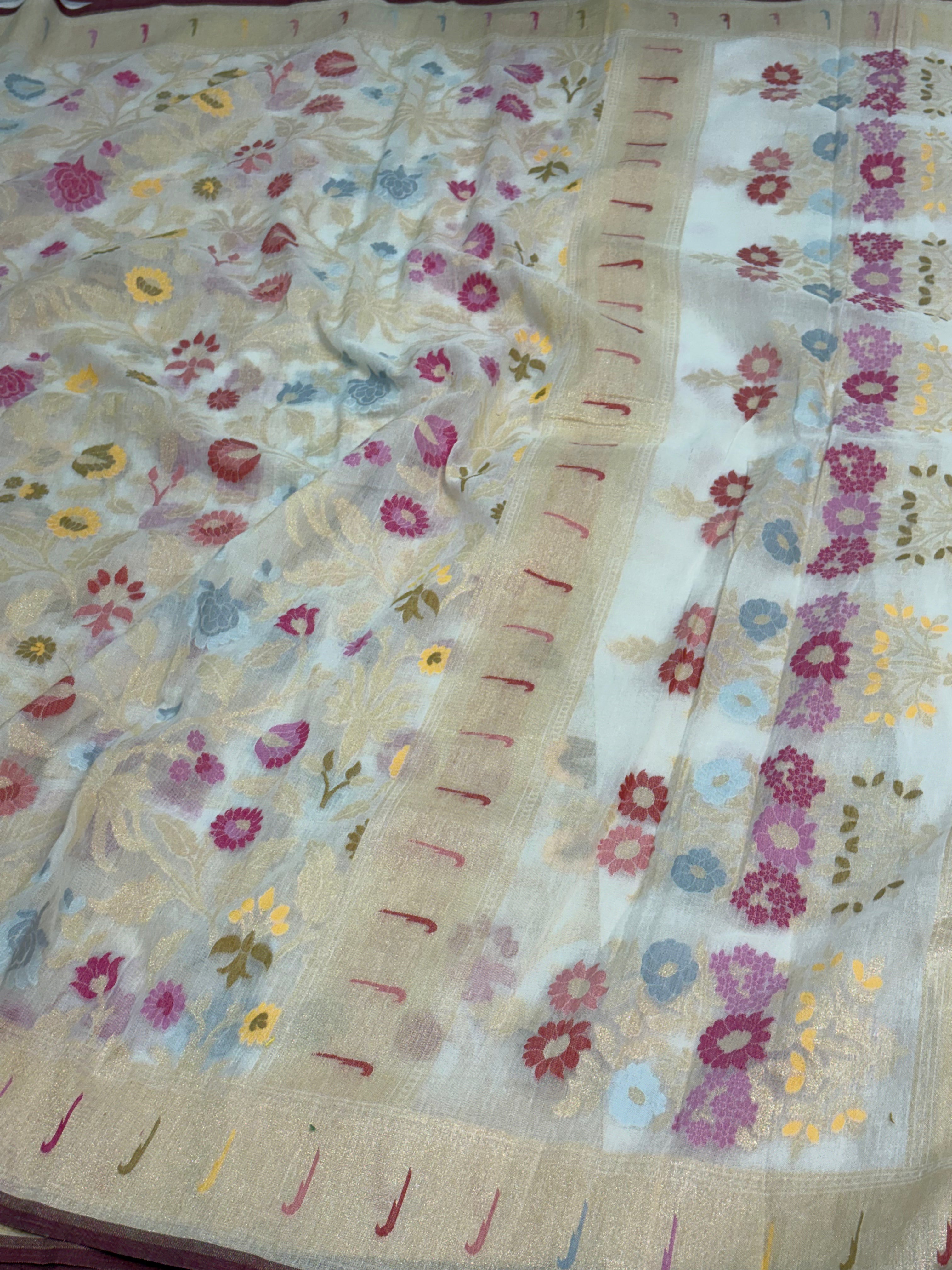 White Cotton Jamdani Saree with Multicolor Floral Weaving