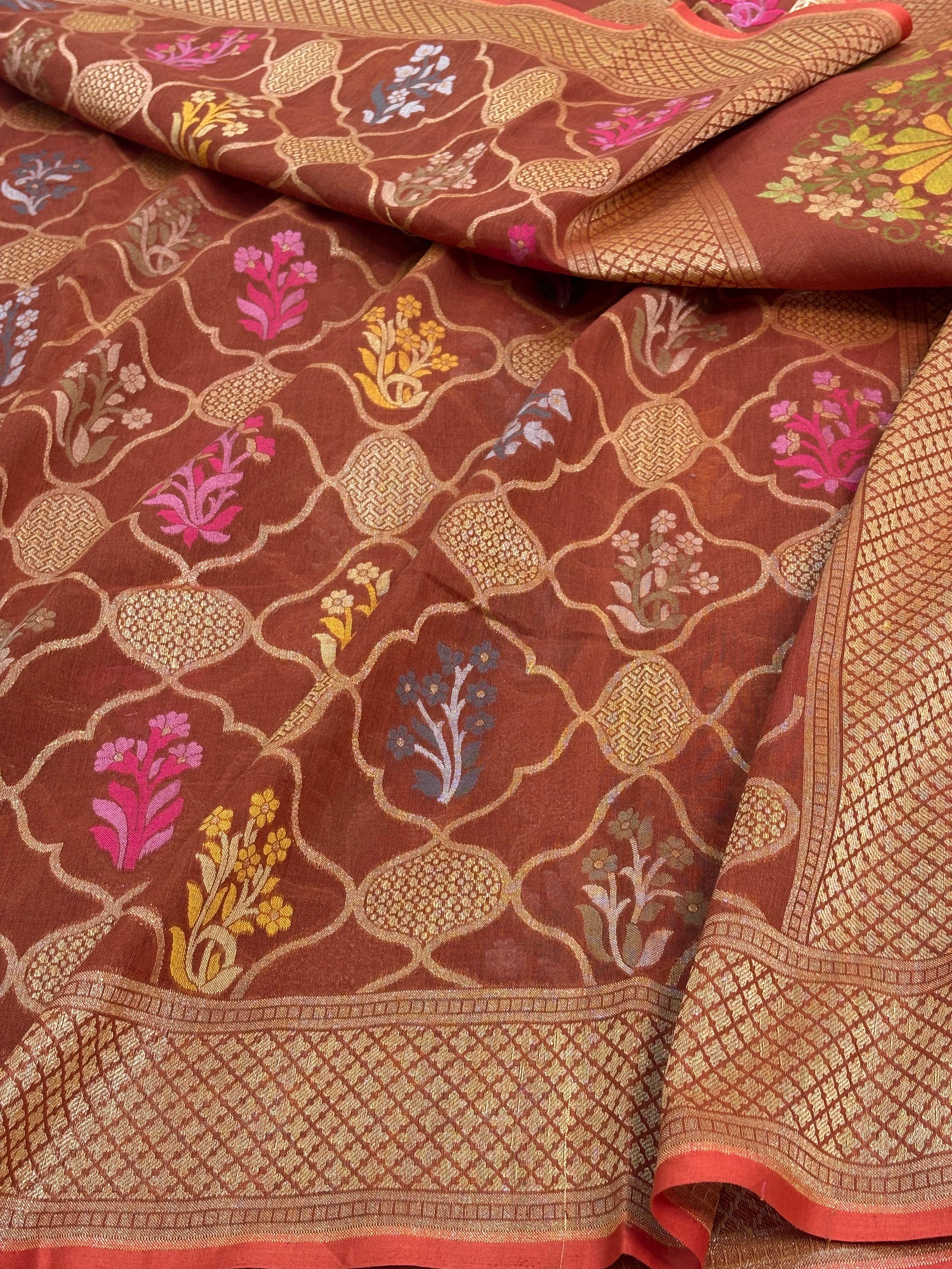 Brown Cotton Jamdani Saree with Multicolor Woven Motifs