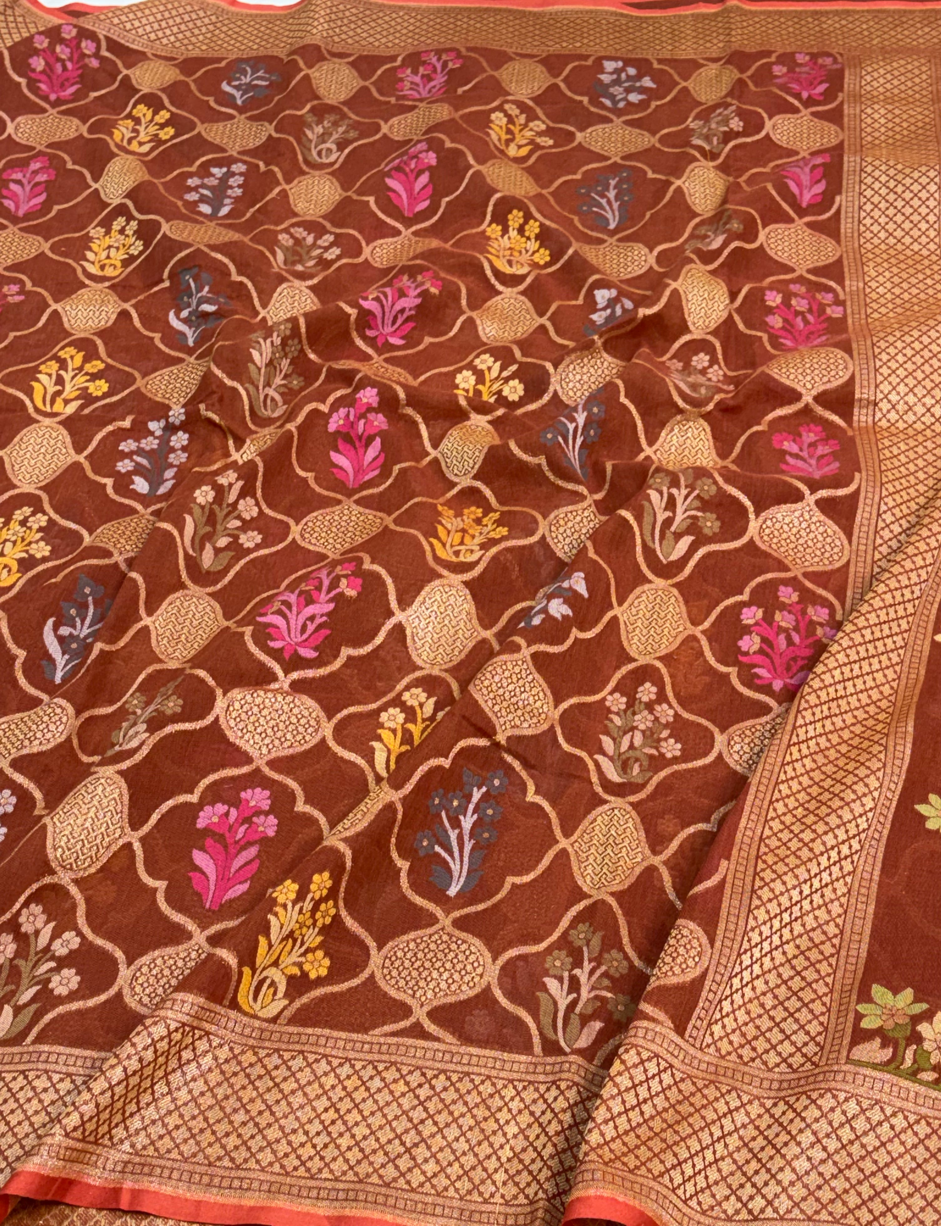 Brown Cotton Jamdani Saree with Multicolor Woven Motifs