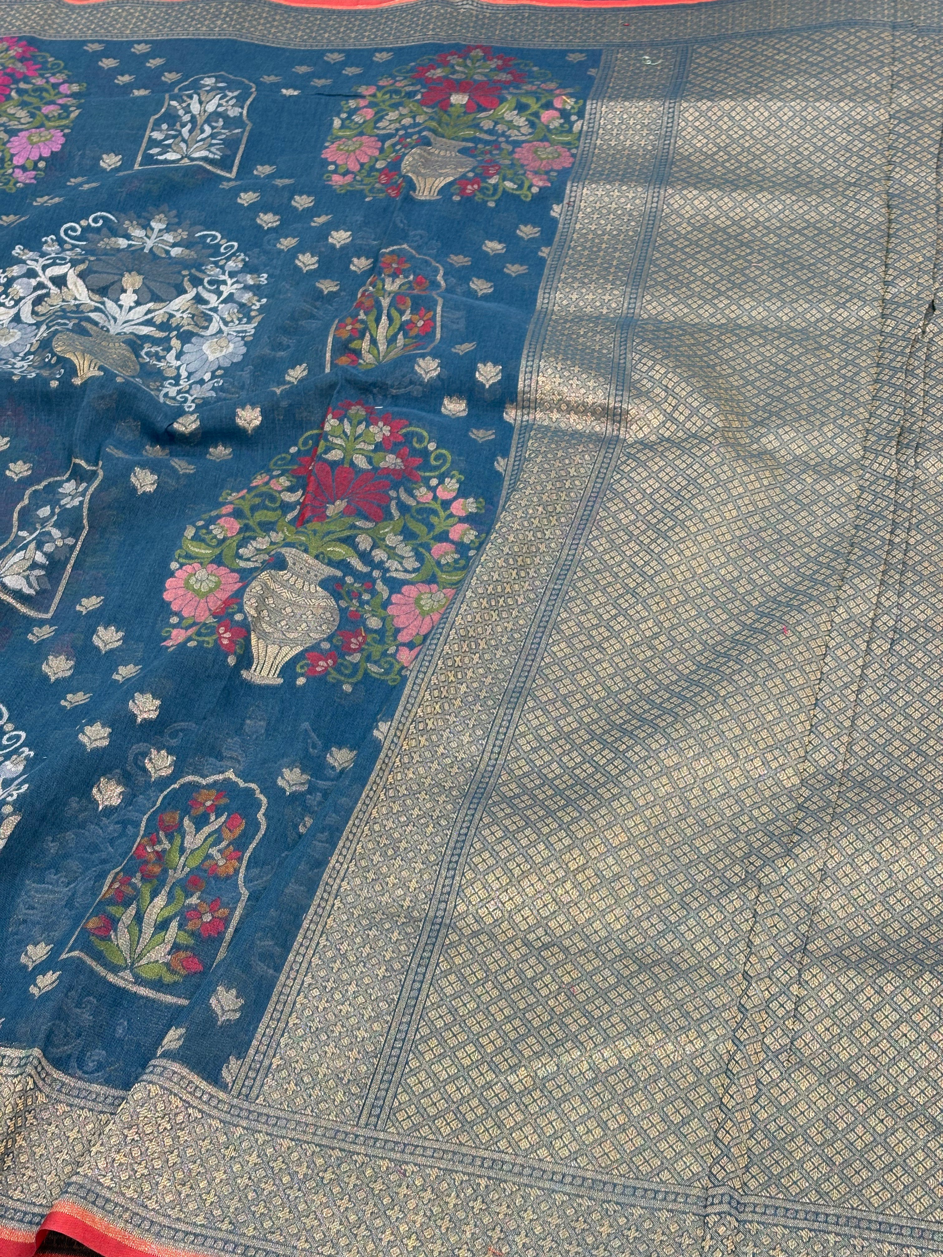 Petrol Blue Banarasi Cotton Jamdani Saree with Multicolor Woven Motifs