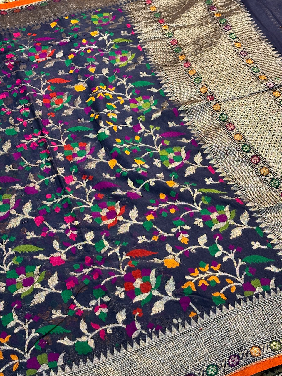 Black Pure Banarasi cotton Jamdani Saree