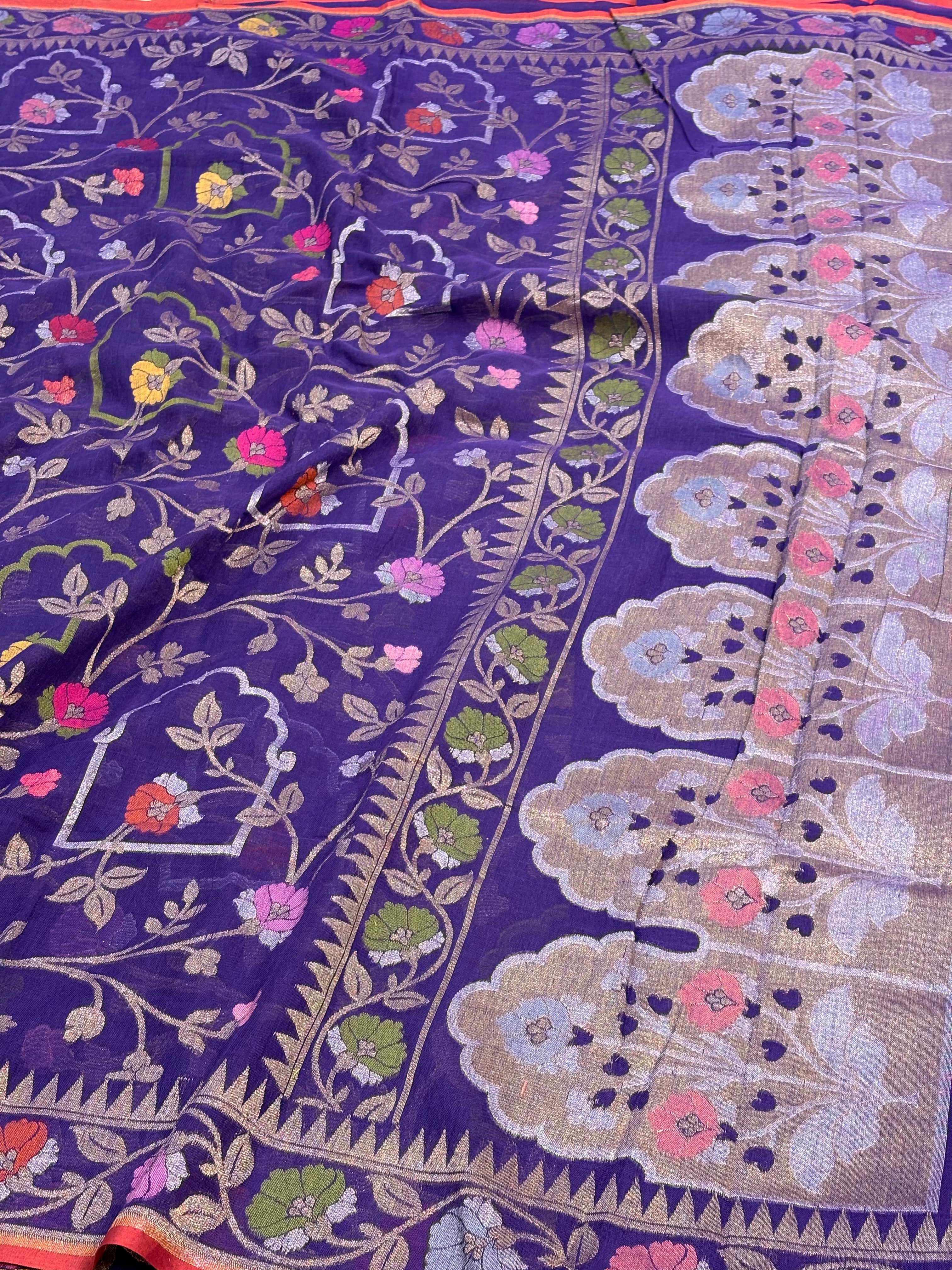 Purple Cotton Jamdani Saree with Multicolor Floral Weaving