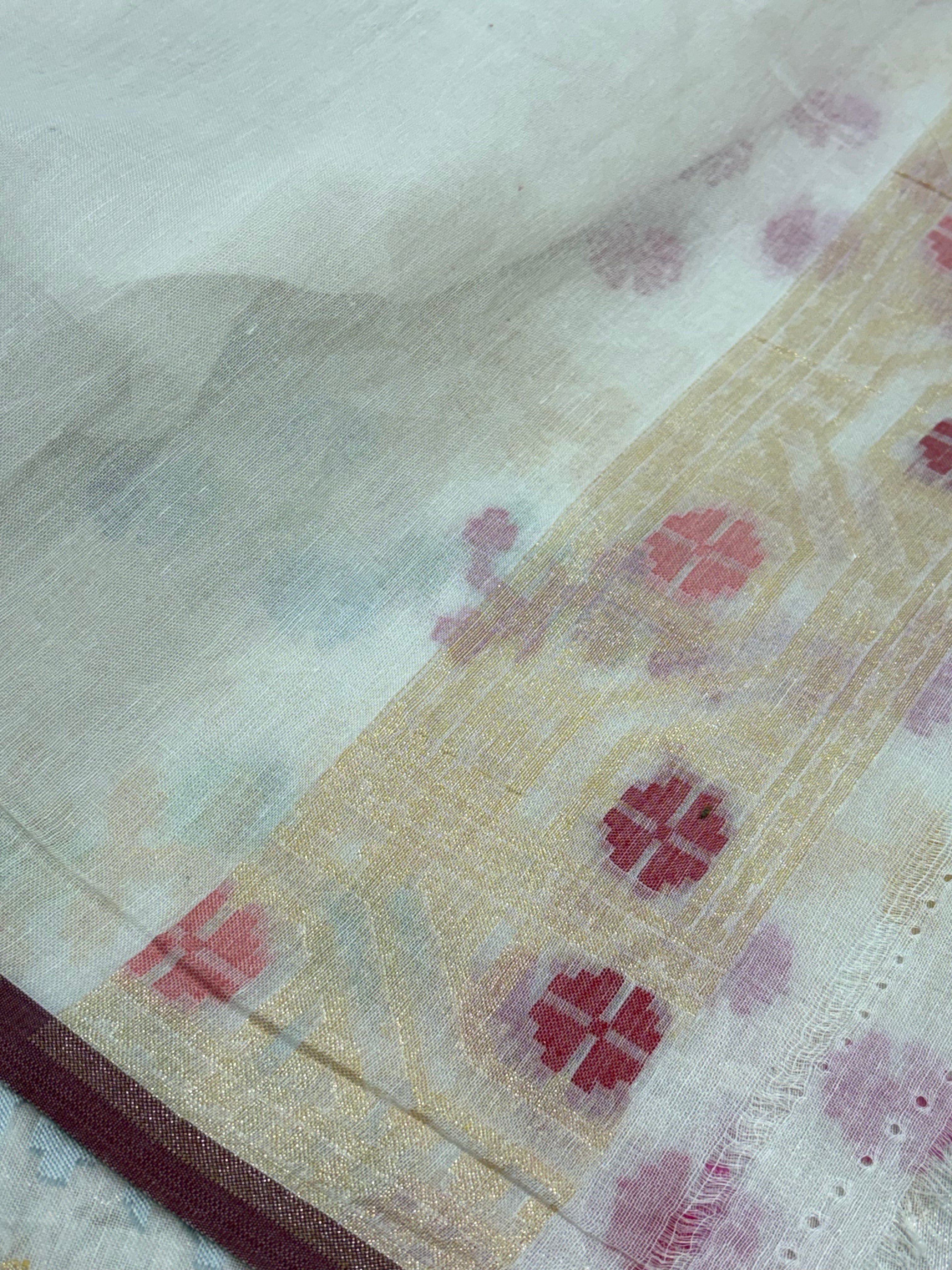 White Cotton Jamdani Saree with Multicolor Woven Motifs