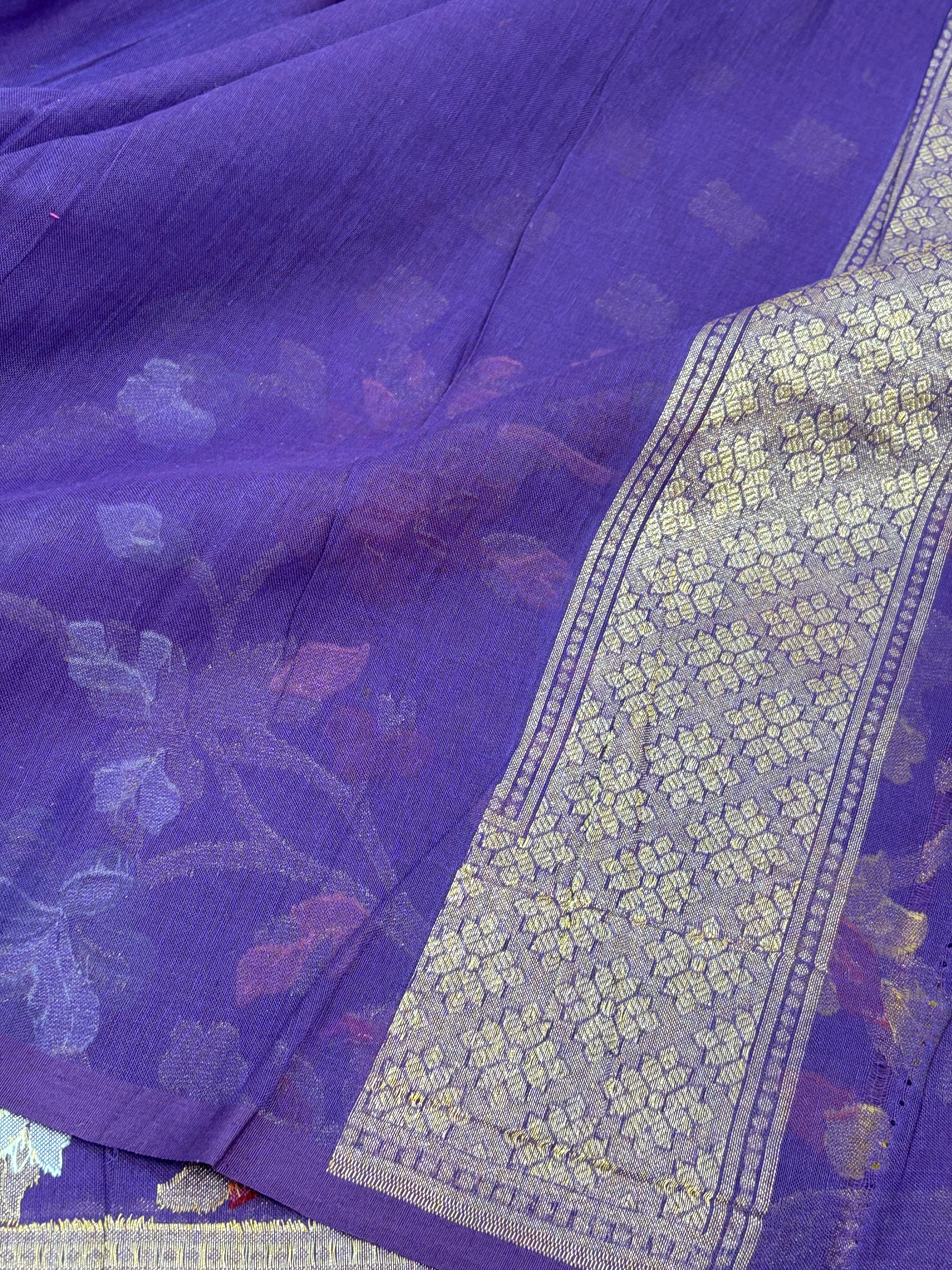 Purple Cotton Jamdani Banarasi Saree with Multicolor Floral Weaving