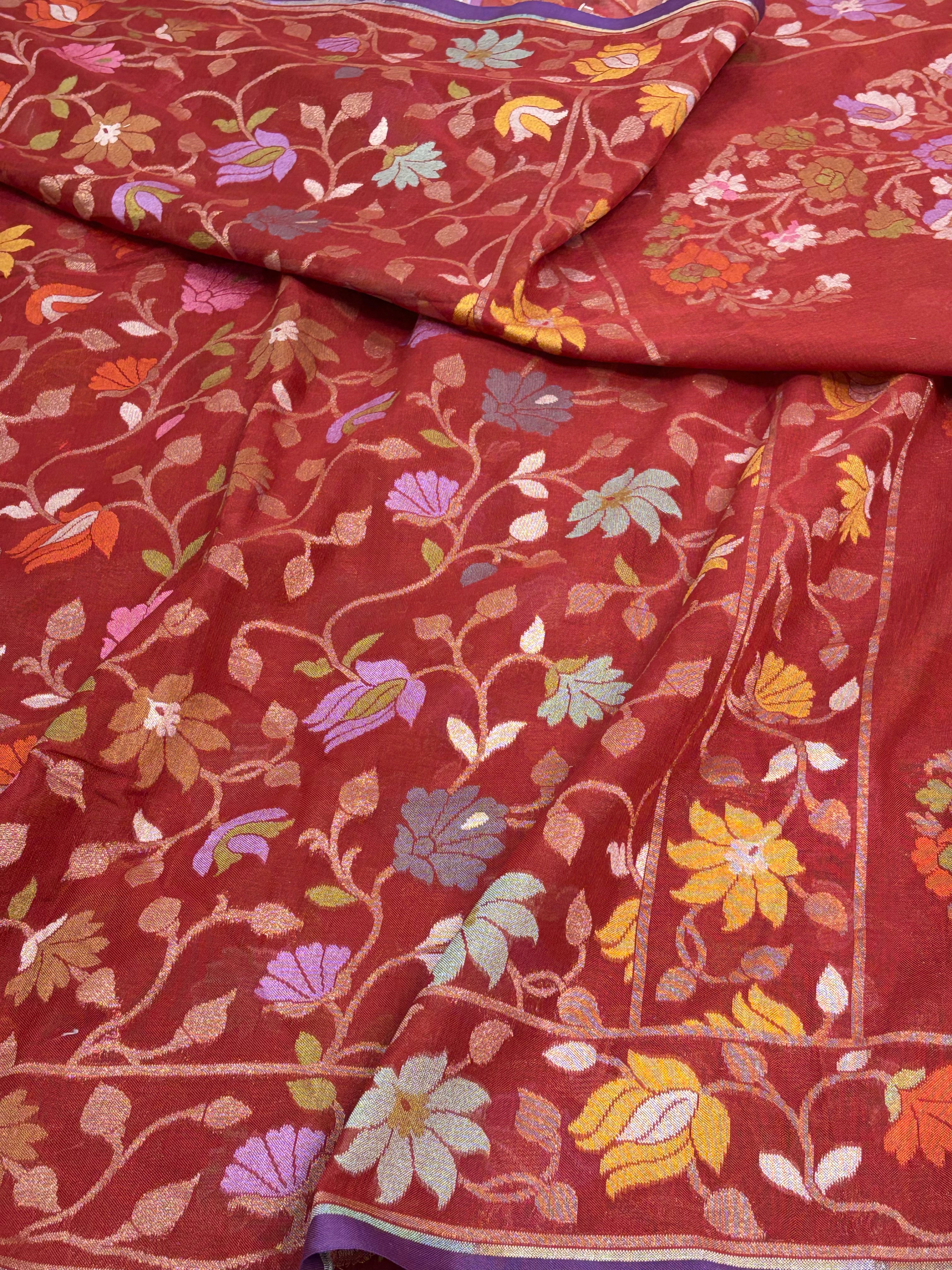 Red Cotton Jamdani Saree with Multicolor Floral Weaving