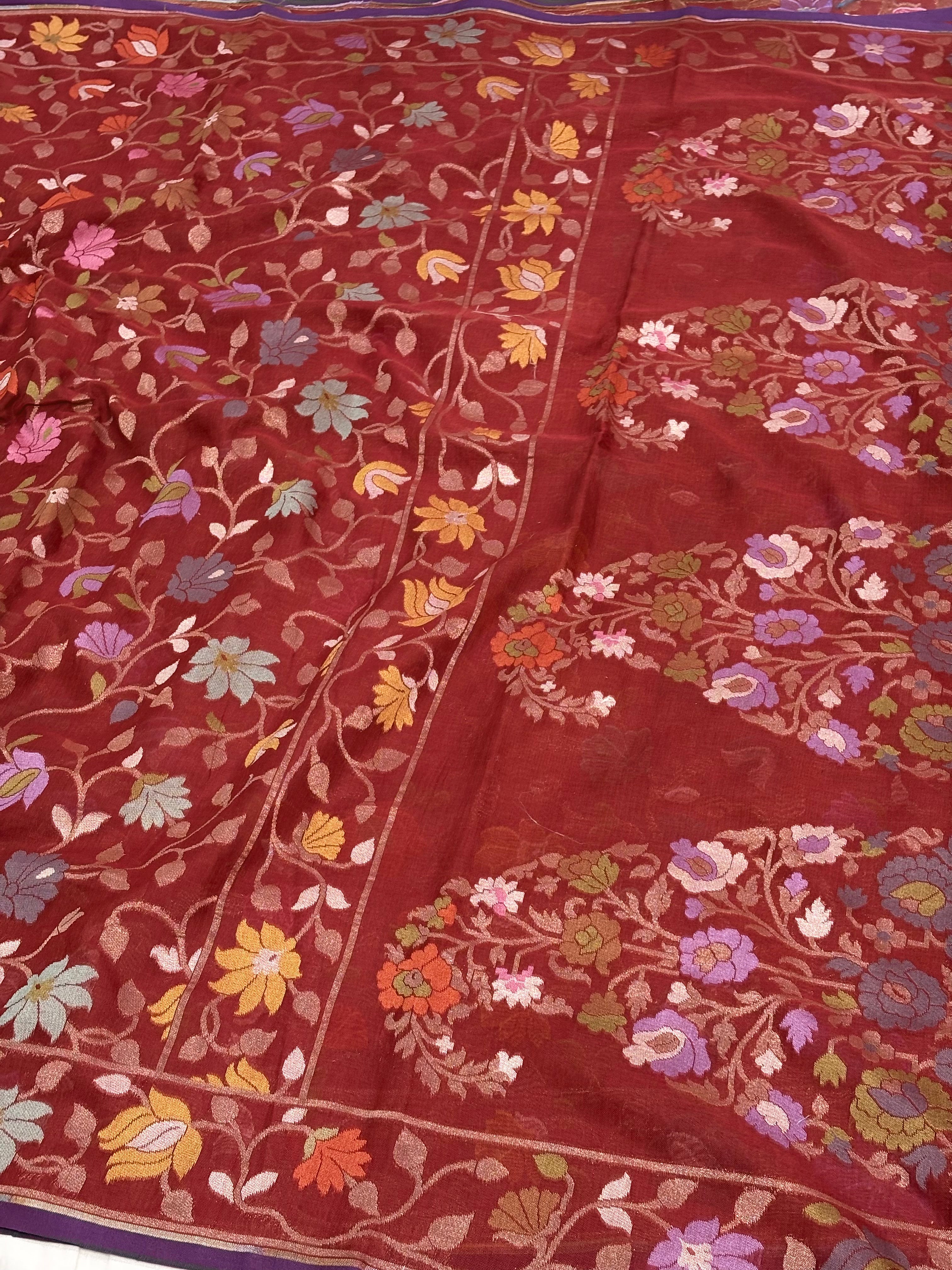 Red Cotton Jamdani Saree with Multicolor Floral Weaving