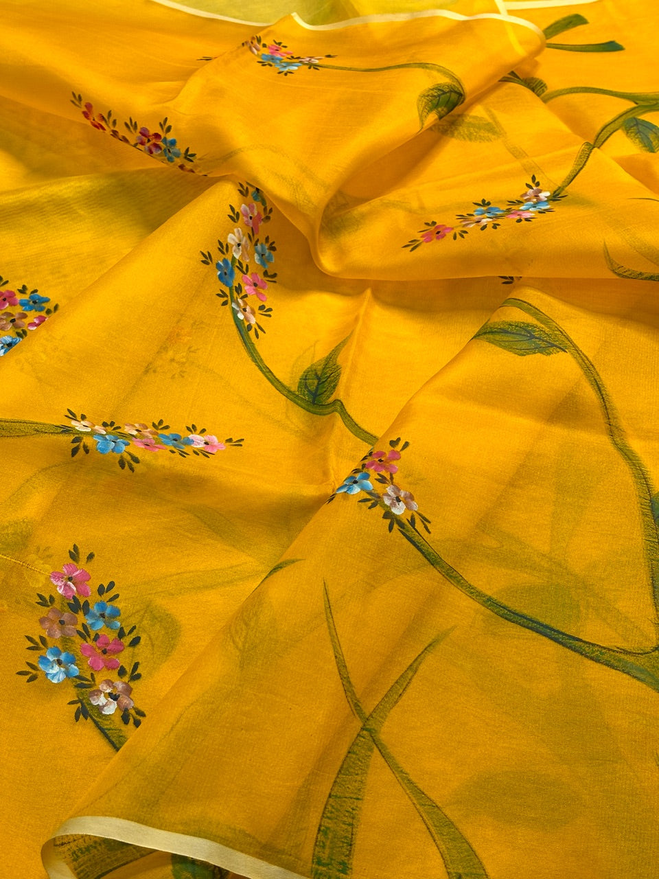 Marigold Yellow Pure Sheer Organza Handprinted Saree
